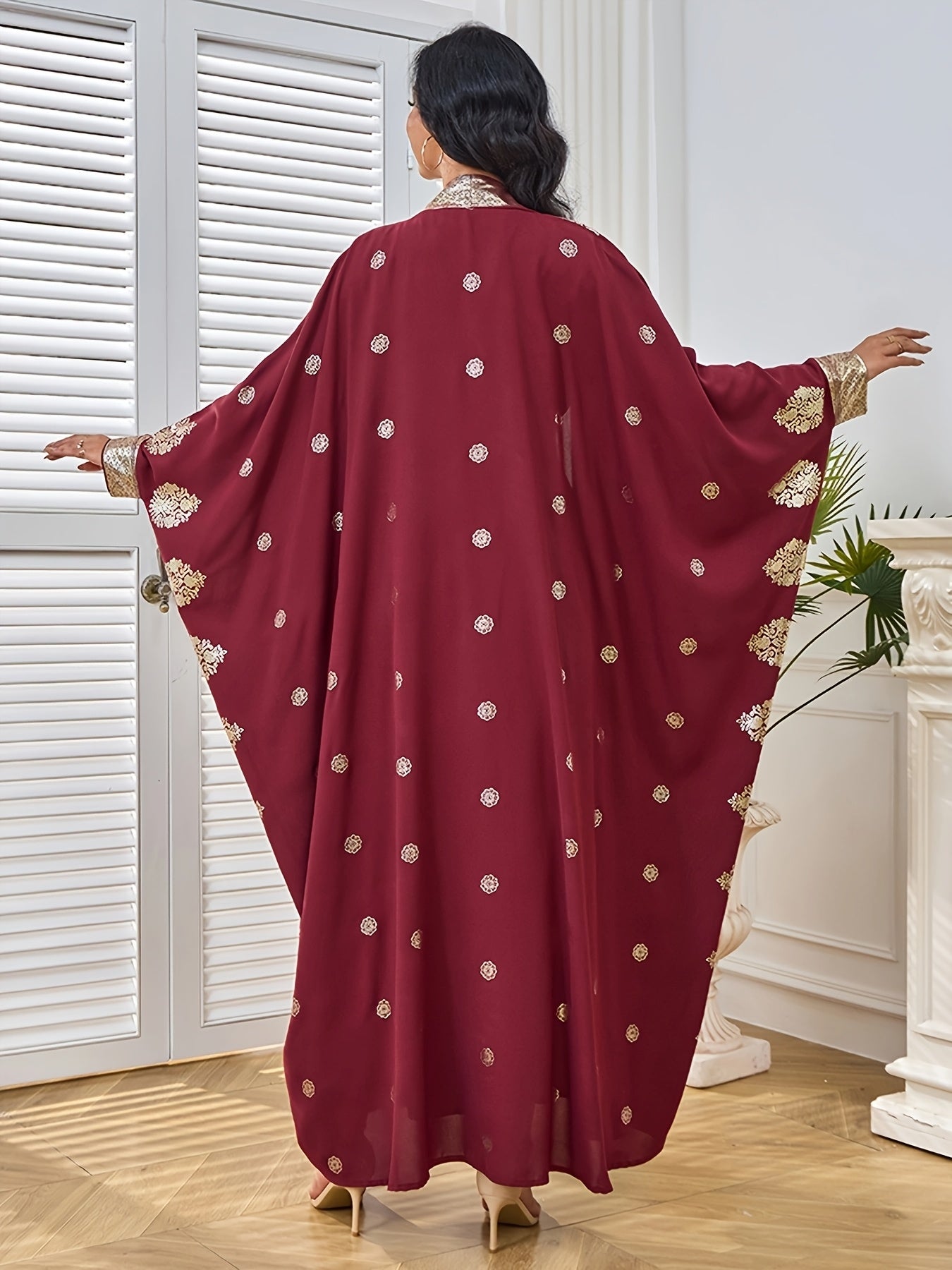 Elegant Maroon & Beige Two-Piece Traditional Dress with Golden Embellishments - Long Sleeve Kaftan Abaya with Batwing Sleeves, Floor-Length Gown for Weddings & Formal Events