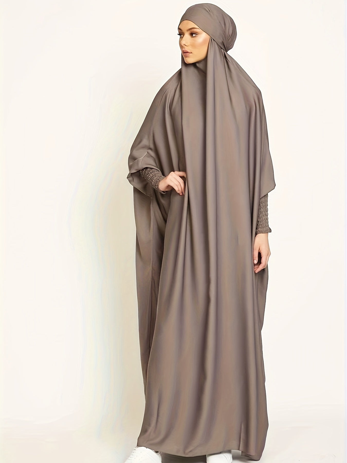 Long Sleeve Solid Color Jibab Abaya - Women's Traditional Arabian Polyester Robe with Tie Back, 95% Polyester 5% Elastane, 135g/m² - Muslim Nida Hijab Dress