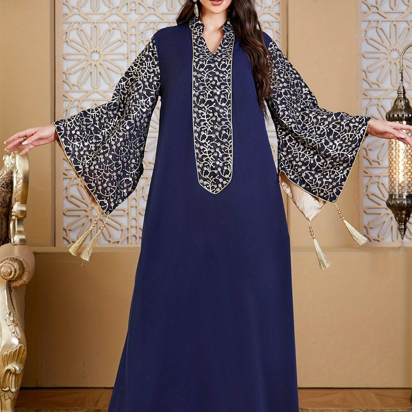 Elegant Muslim Kaftan Abaya Evening Dress with Floral Embroidery & Tassel Flare Sleeves - Navy Blue Maxi Abaya for Women, Middle Eastern-Inspired Traditional Gown, Hand Wash/Dry Clean