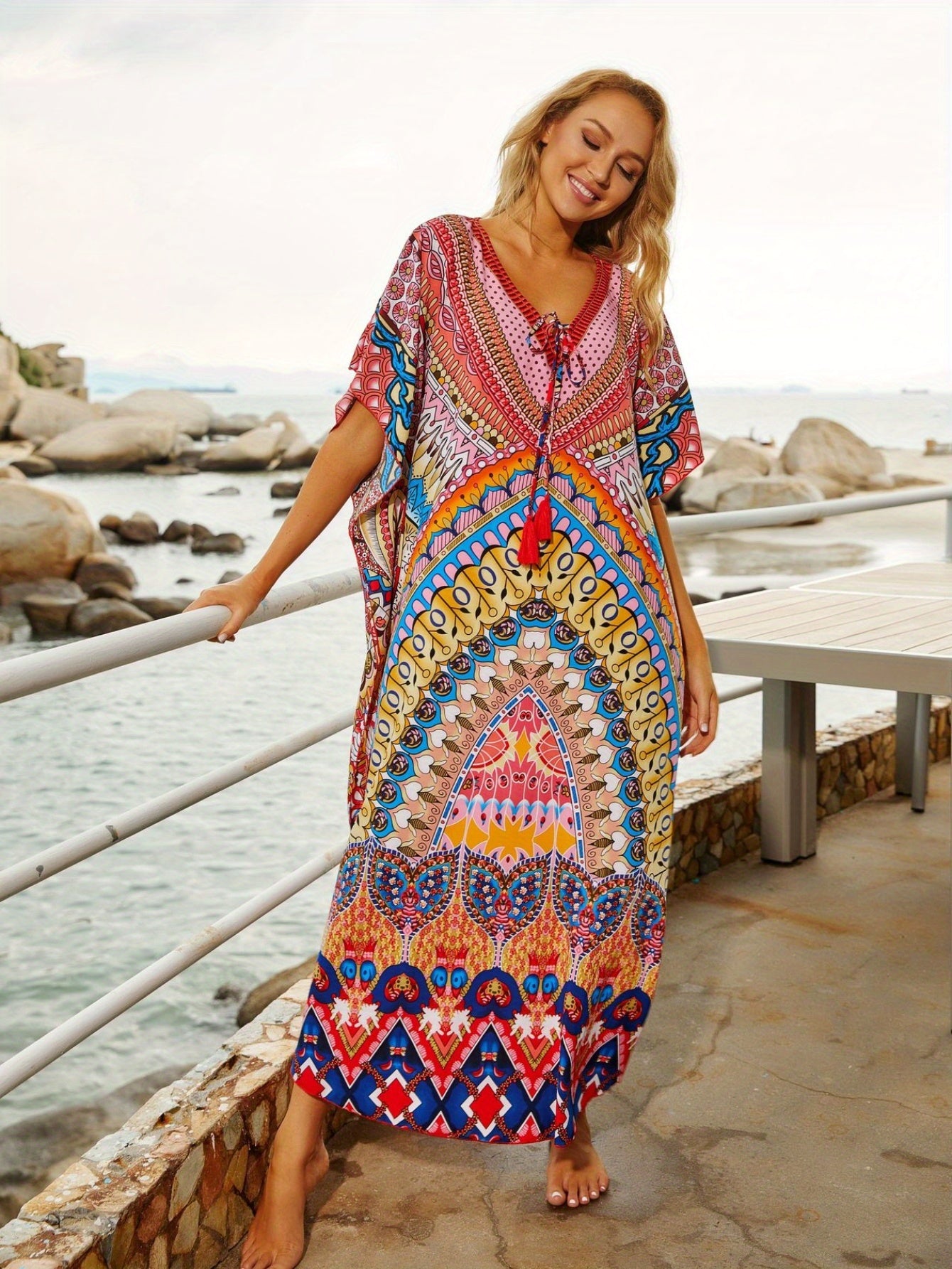 Plus Size, Plus Size Beach Cover Up Maxi Dress - Quick-Dry Sun Protective Swimsuit Kaftan with Side Slits, Lightweight Loose Fit Vacation Dress for Pool Party & Tropical Resort