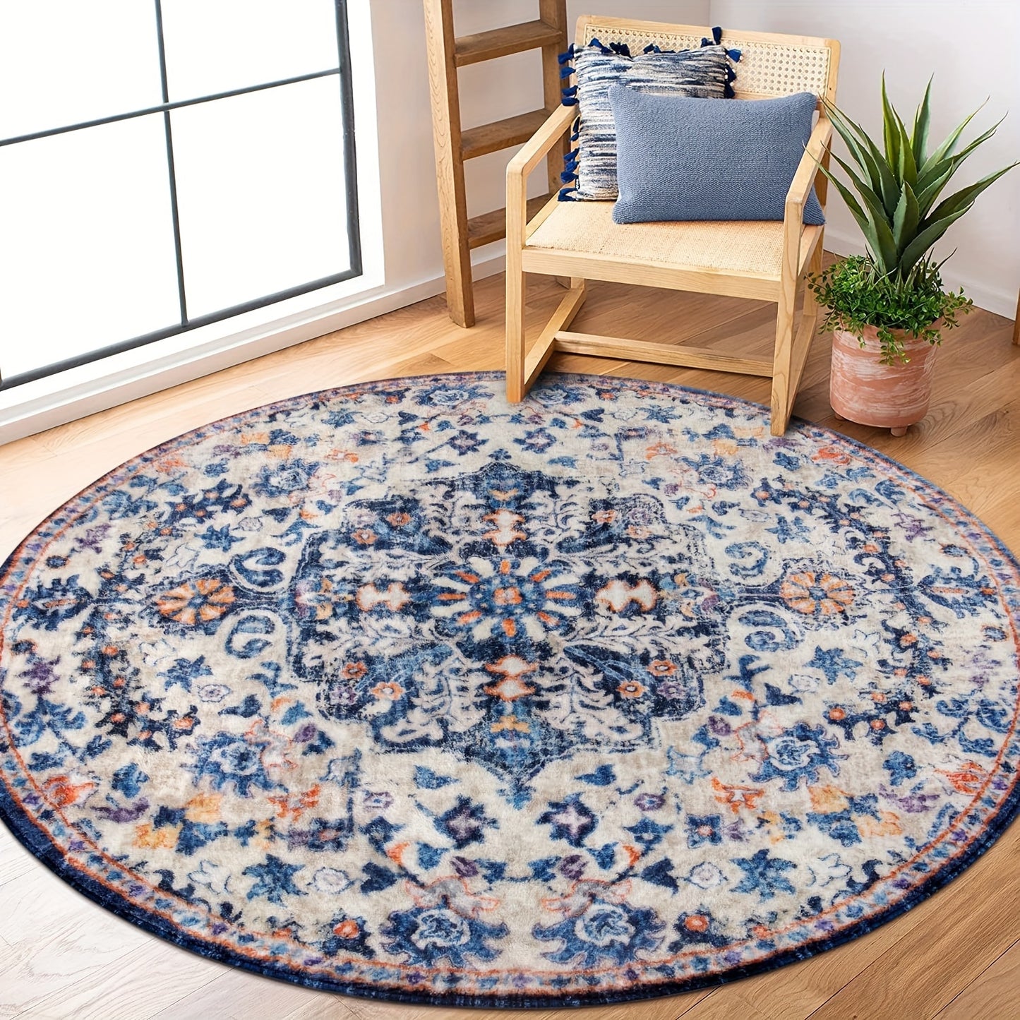 Bohemian Round Rug Bedroom Round Area Rug Soft Bathroom Circle Mat, Vintage Machine Washable Non Slip Low Pile Indoor Floor Carpet For Kitchen, Laundry Room, Entryway
