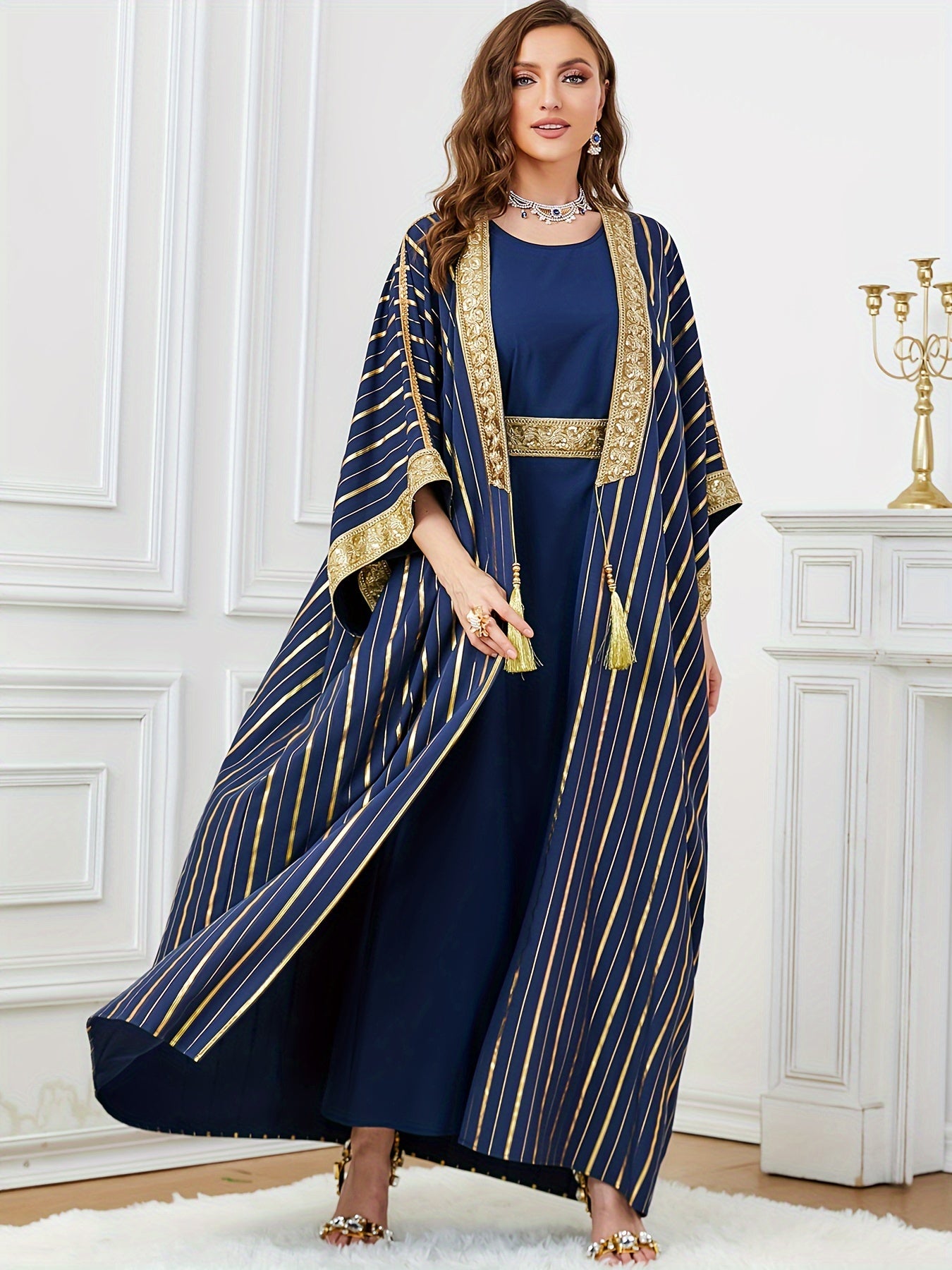 Oriented Spot Middle East Dubai Muslim Women's Abaya Four Seasons Round Neck Ramadan New Long Dress Regular Fit Ultra Thick Texture Super Soft Fabric Open Front Two-Piece Set Golden Belt