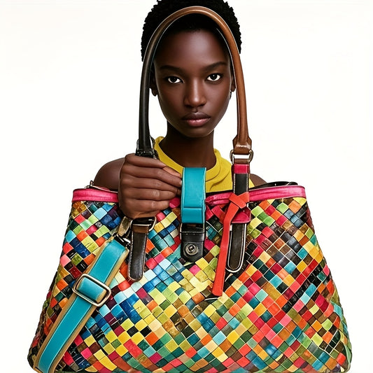 Vibrant Woven Leather Tote Bag for Women – Retro Ethnic Style Shoulder & Crossbody Handbag