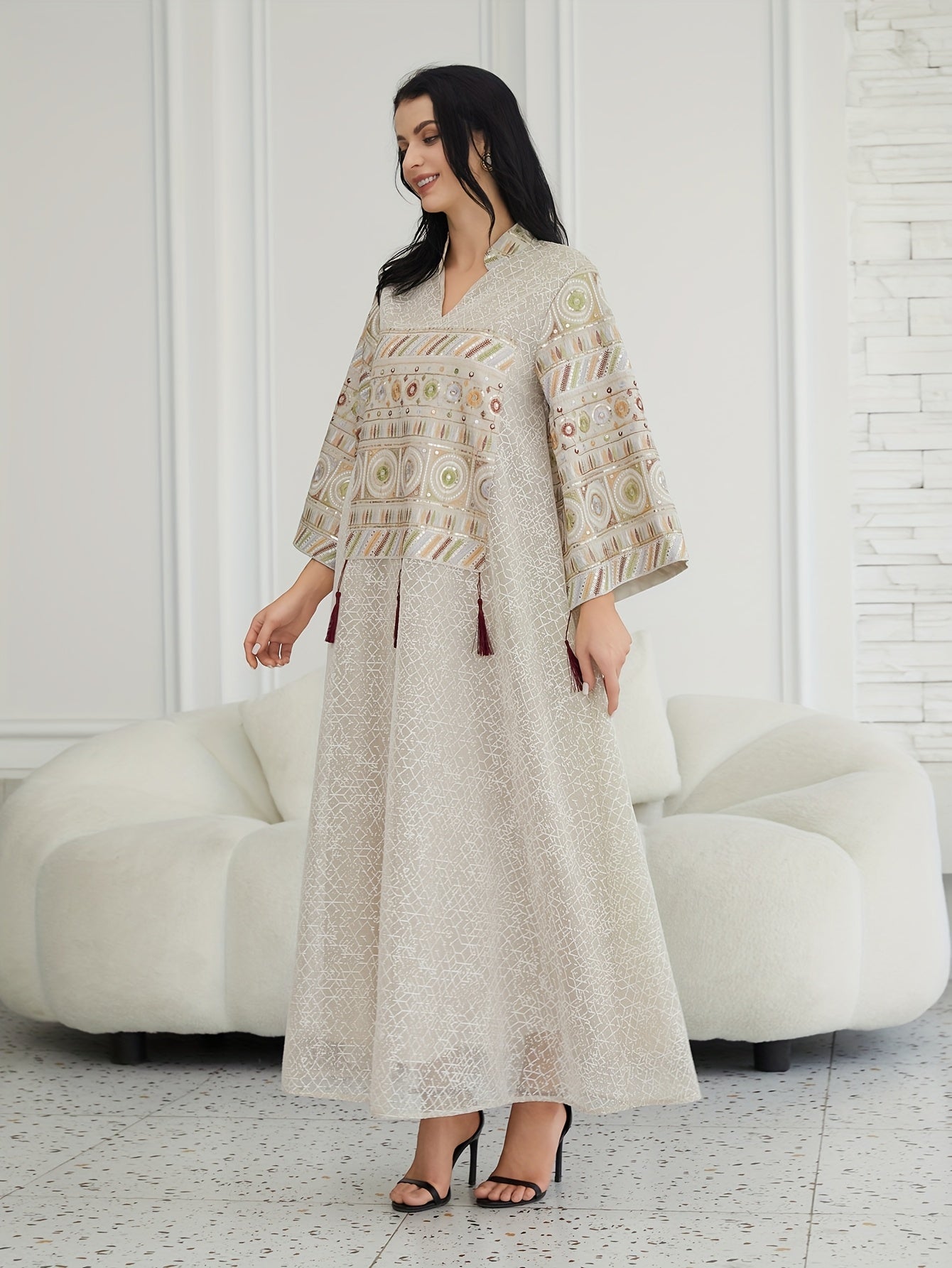 Women's Middle Eastern-Inspired Kaftan Abaya Dress - Luxurious Lightweight Geometric Pattern Long Sleeve Loose Fit Floor-Length Elegant Evening Gown for Spring Summer Fall