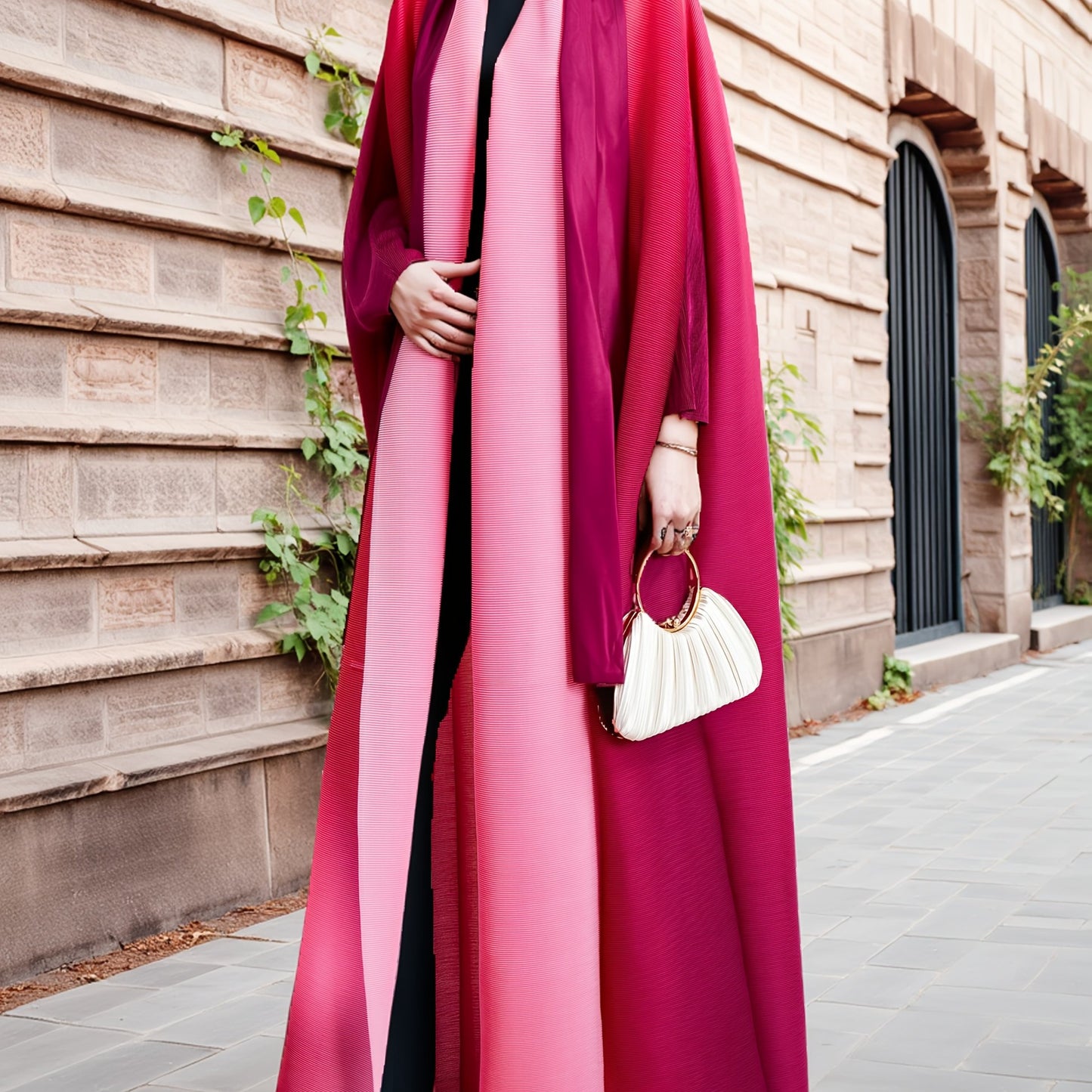 Elegant Plus-Size Gradient Emirati Abaya Robe with Batwing Sleeves - Pink to Purple Transition, Pleated Trench Coat with Lace-Up Detail, High-Stretch Polyester, Machine Washable for Women