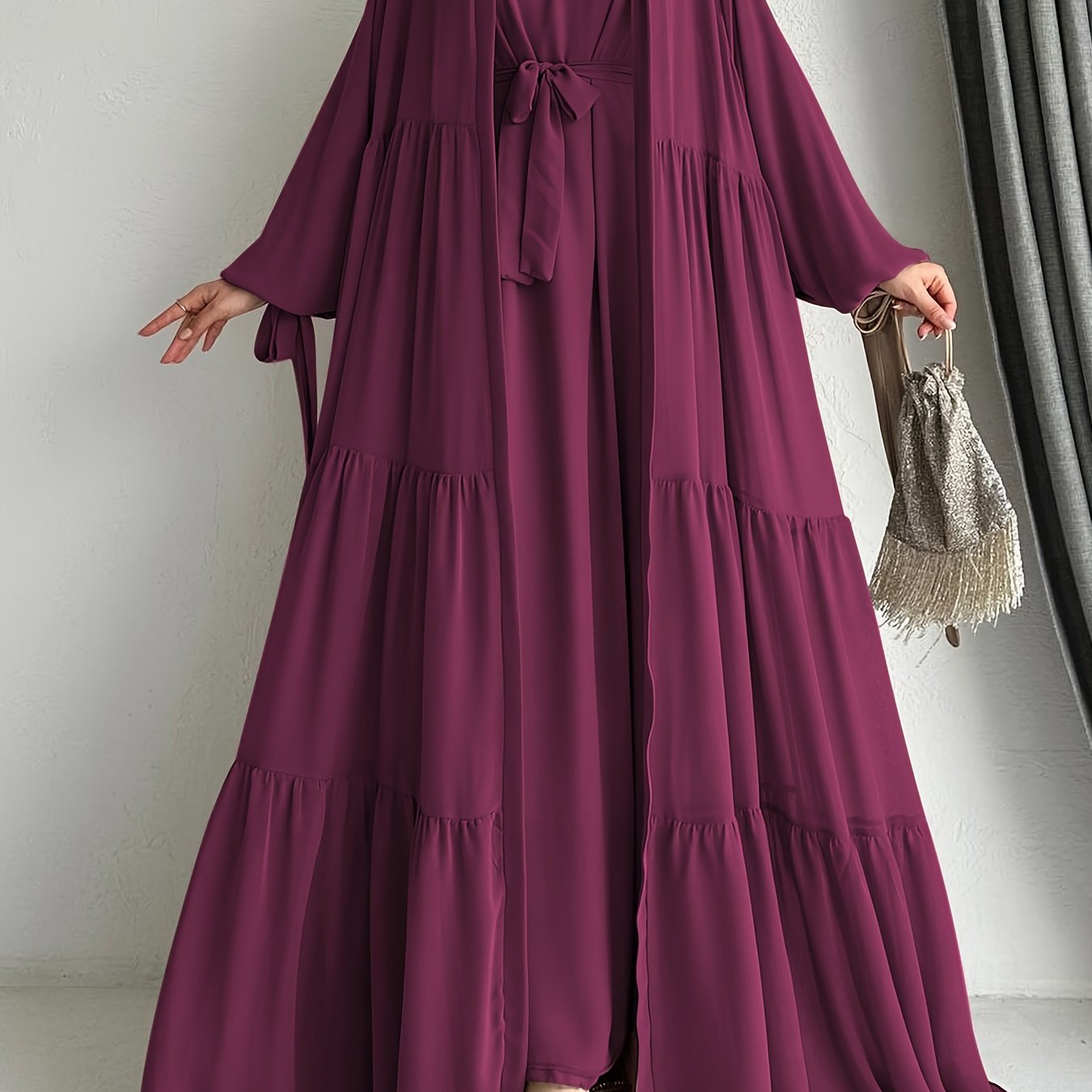 Women's Middle Eastern Palestinian Abaya Dress with Cape Cover - Sleeve Brown Solid Color Modest Traditional Dress, Adjustable Waist Tie Belt, Machine Washable All-Season Wear, Versatile Layering Piece