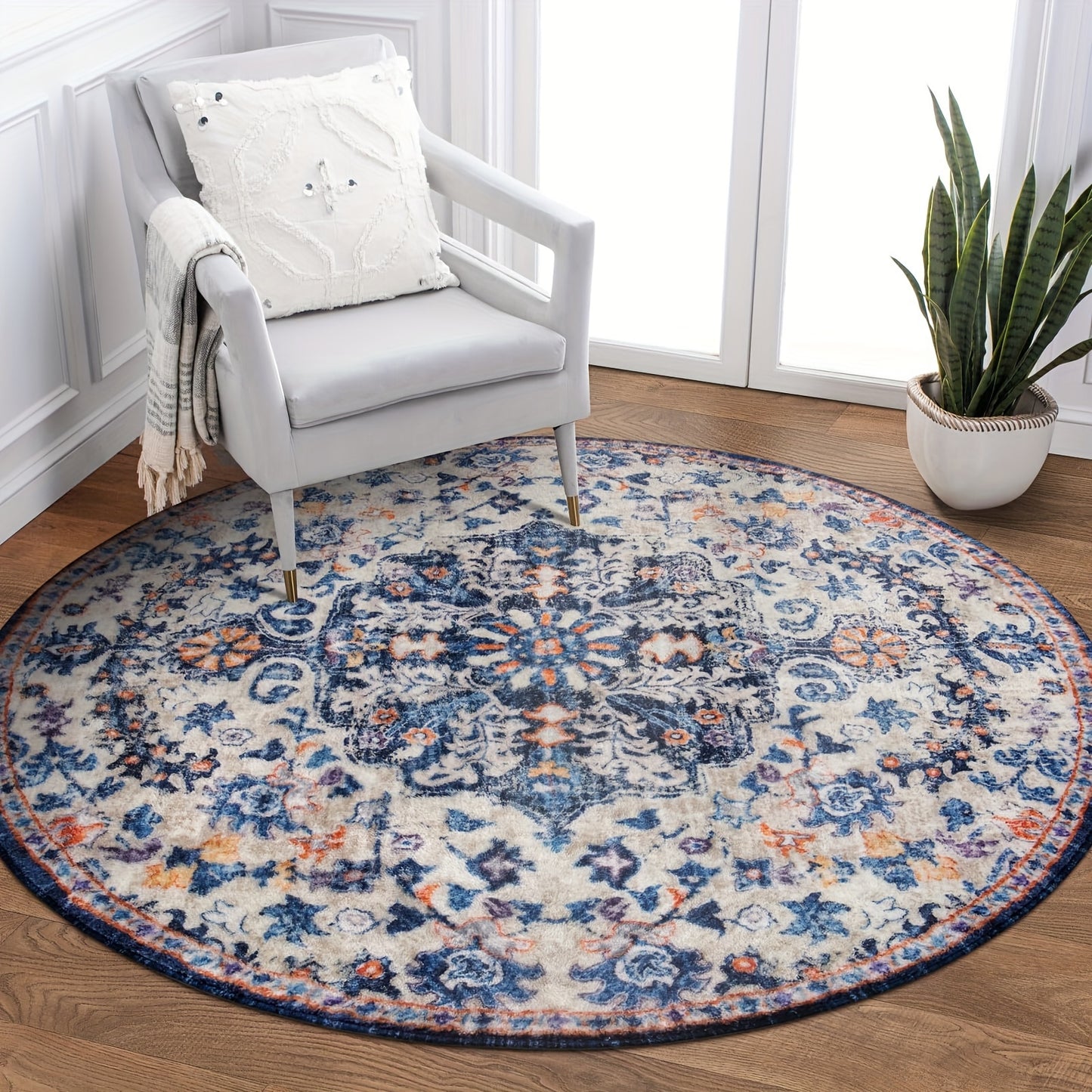 Bohemian Round Rug Bedroom Round Area Rug Soft Bathroom Circle Mat, Vintage Machine Washable Non Slip Low Pile Indoor Floor Carpet For Kitchen, Laundry Room, Entryway