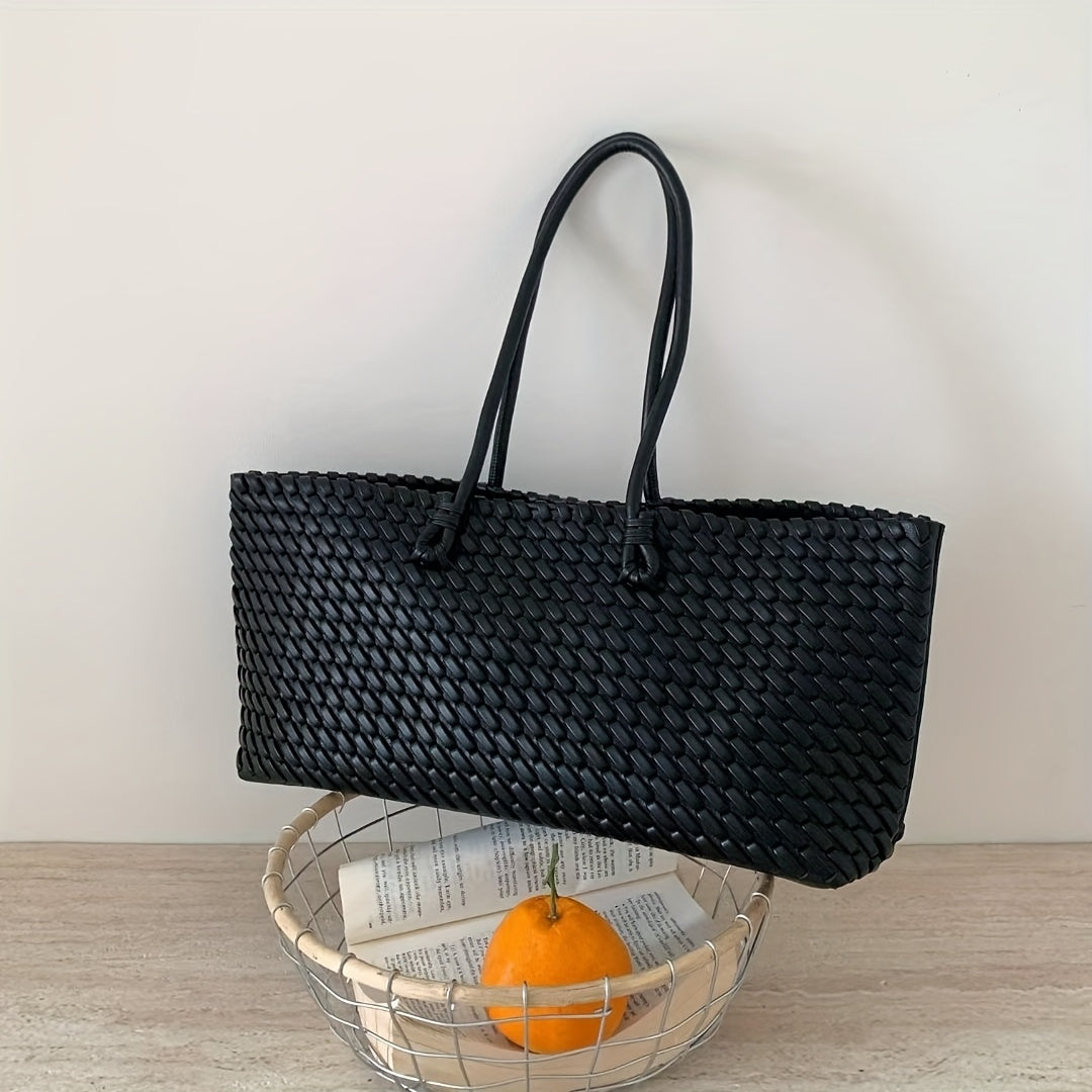Women's Dual-Sided Woven Large-Capacity Tote Bag - Vegetable Basket Design Handbag with Top Handles & Detachable Shoulder Strap