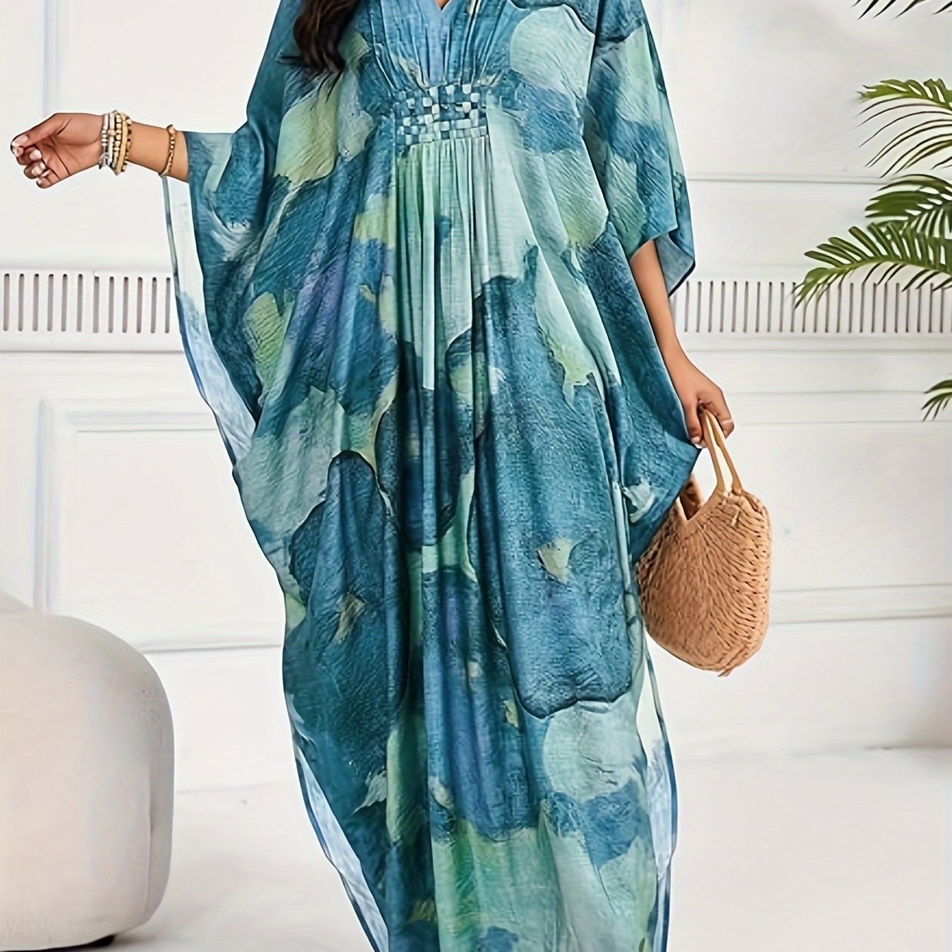 Plus Size - Plus Size Kaftan Dresses For Women V Neck Swimsuit Coverup Floral Print Kaftan Maxi Beach Dress Brown