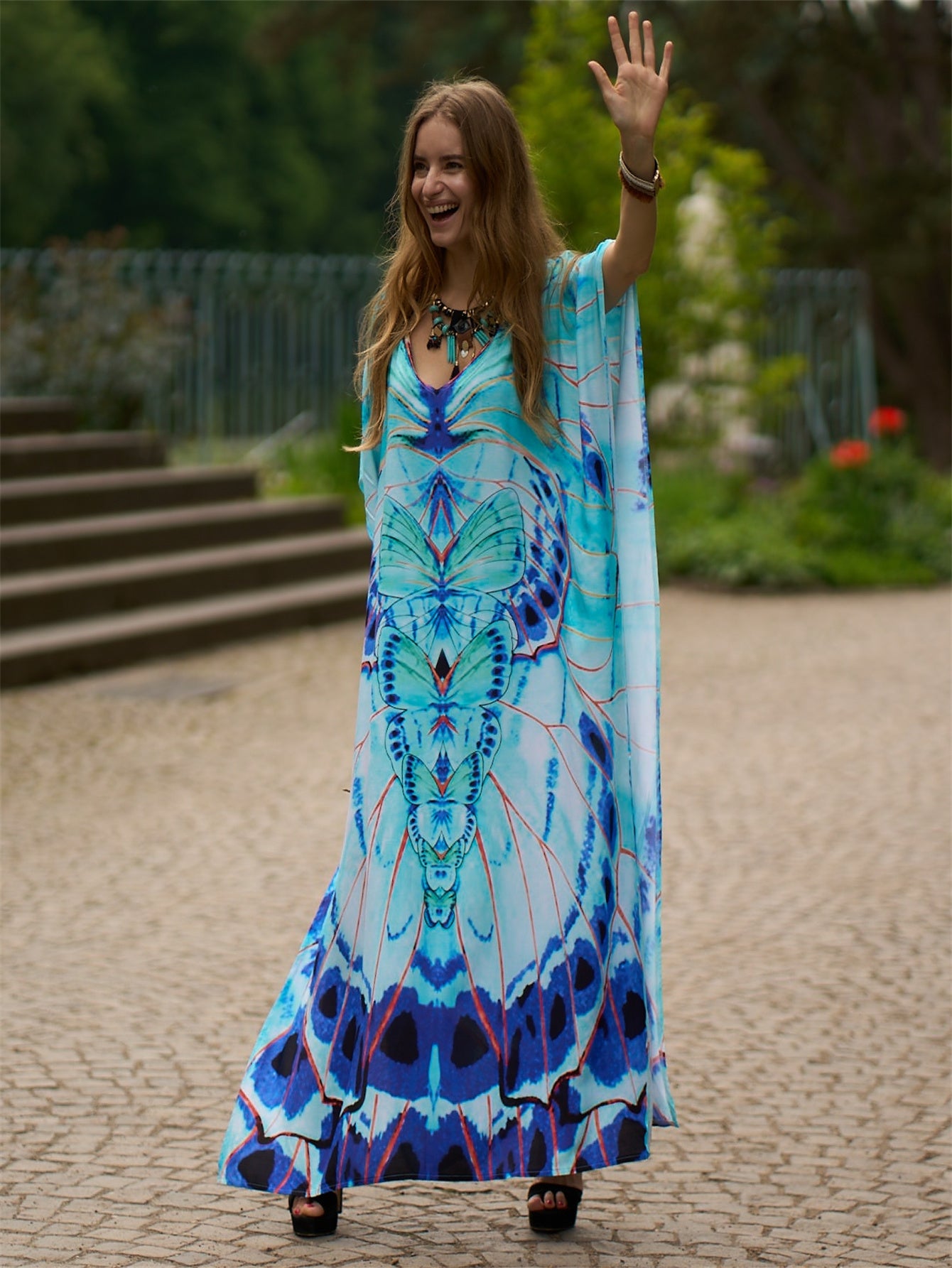 Women's Rayon Bohemian Beach Cover-Up Dress - Loose Fit Batwing Sleeve Turkish Kaftan with Striped Print, Round Neck Long Dress for Poolside, Vacation & Home Wear, Spring Summer Fall, Summer Cover Clothing