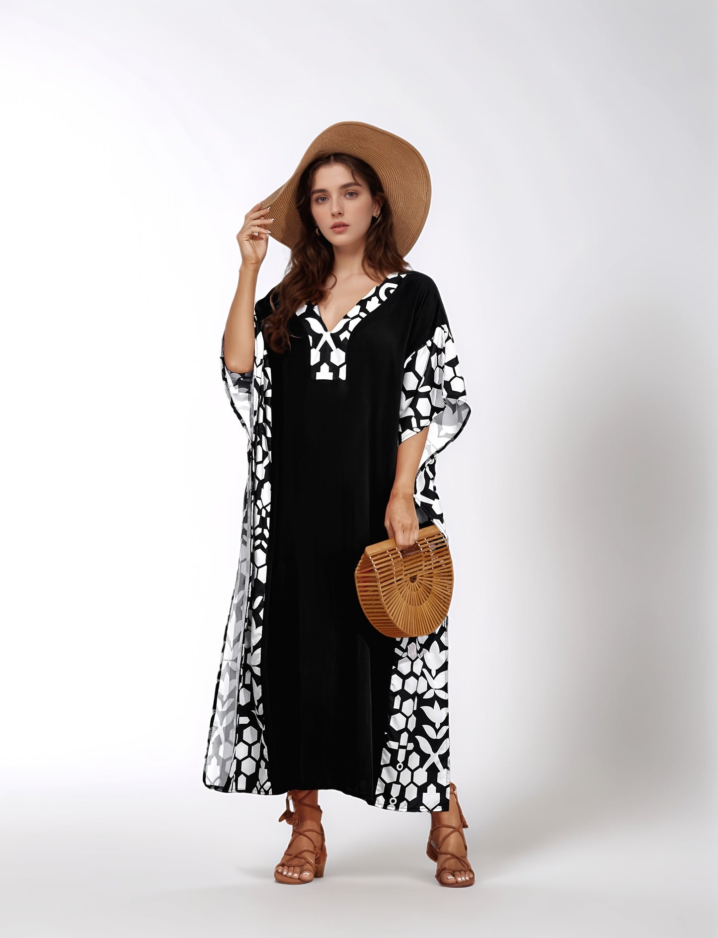Large Size Long Black Elegant Kaftan Dress with Patchwork Print Loose Beach Bikini Cover, Side Slit Short Sleeved Middle Eastern Long-distance Holiday Style Dress