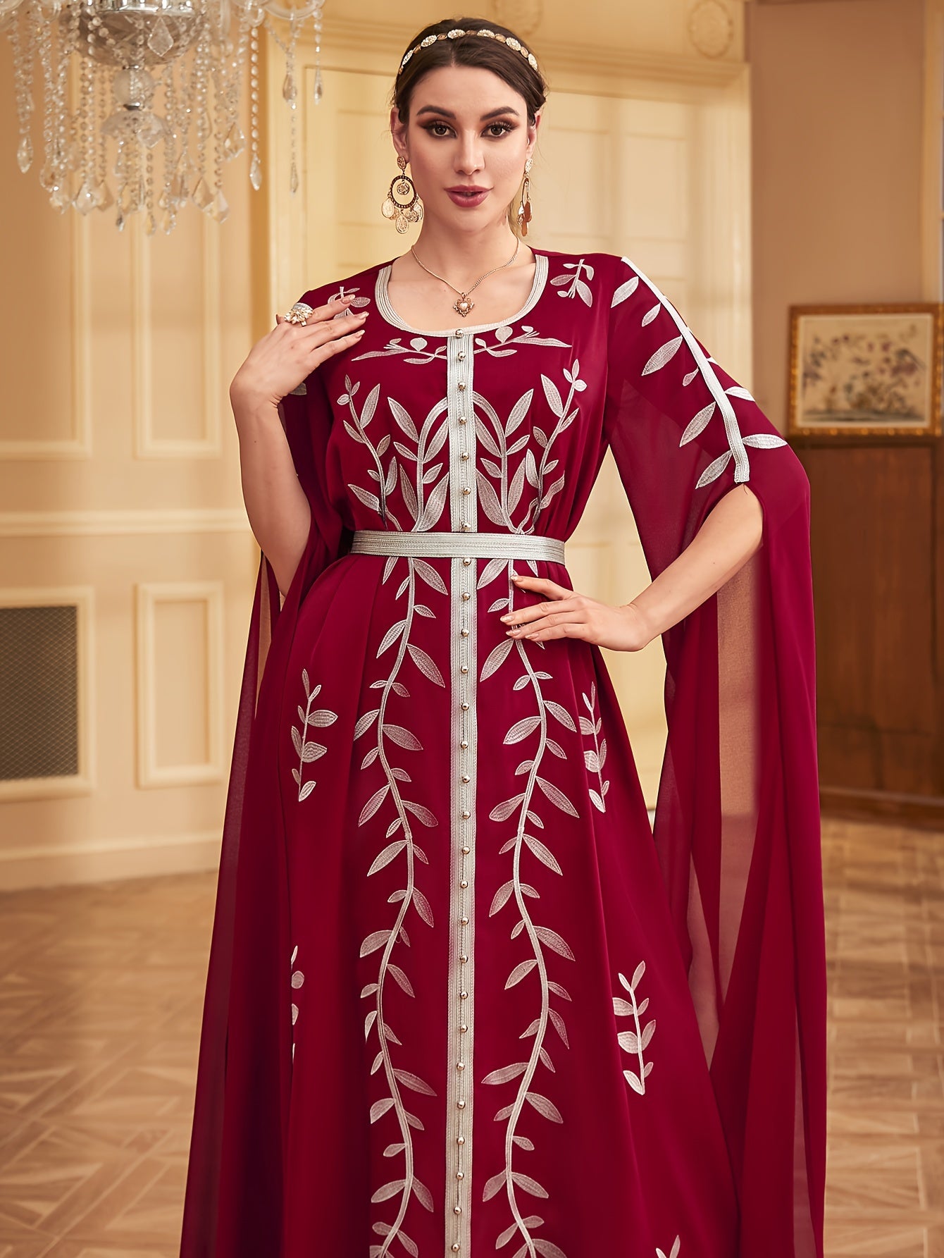 Middle Eastern-Inspired Embroidered Burgundy A-Line Kaftan Abaya with Ultra-Long Sleeves, Cinched Waist & Exaggerated Hem - Machine Washable Formal & Casual Elegance, Special Occasion