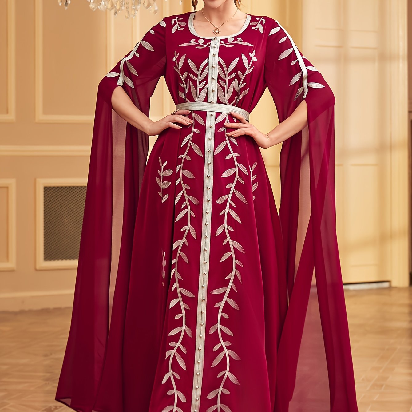 Middle Eastern-Inspired Embroidered Burgundy A-Line Kaftan Abaya with Ultra-Long Sleeves, Cinched Waist & Exaggerated Hem - Machine Washable Formal & Casual Elegance, Special Occasion