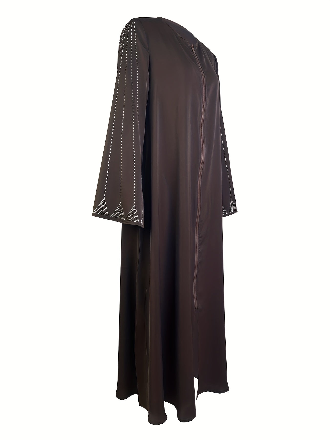 Elegant Brown Open Abaya for Women - Long Sleeve, Front Zipper Closure, Flowing Design, Perfect for Spring/Summer/Fall, Traditional Middle Eastern Style, Polyester Fabric