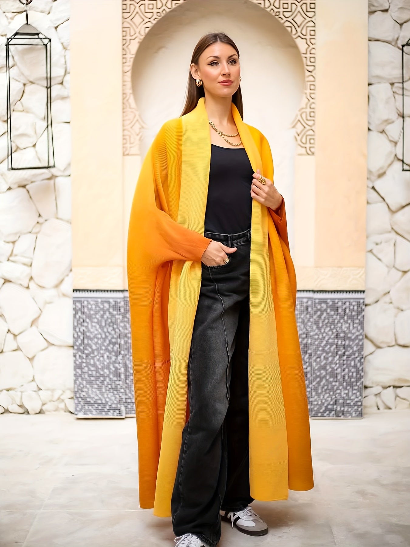 Plus Size - Women's Plus Size Yellow Abaya with Geometric Print - Loose Fit, Long Sleeve, Open Front, Wide Leg, Casual & Versatile for Spring/Summer/Fall, Casual Wear Abaya