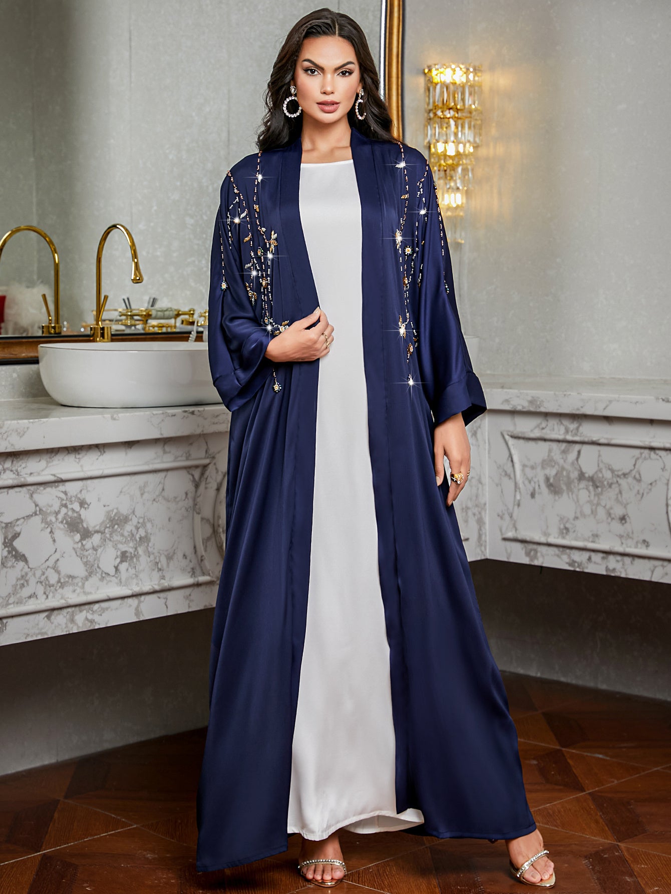 Elegant Green & White Long Tunic Dress with Beaded Detail - Casual Turkish Abaya Style, Long Sleeve, Floor-Length, Perfect for Spring/Summer, Casual Summer Wear | Elegant Long Dress | Texture
