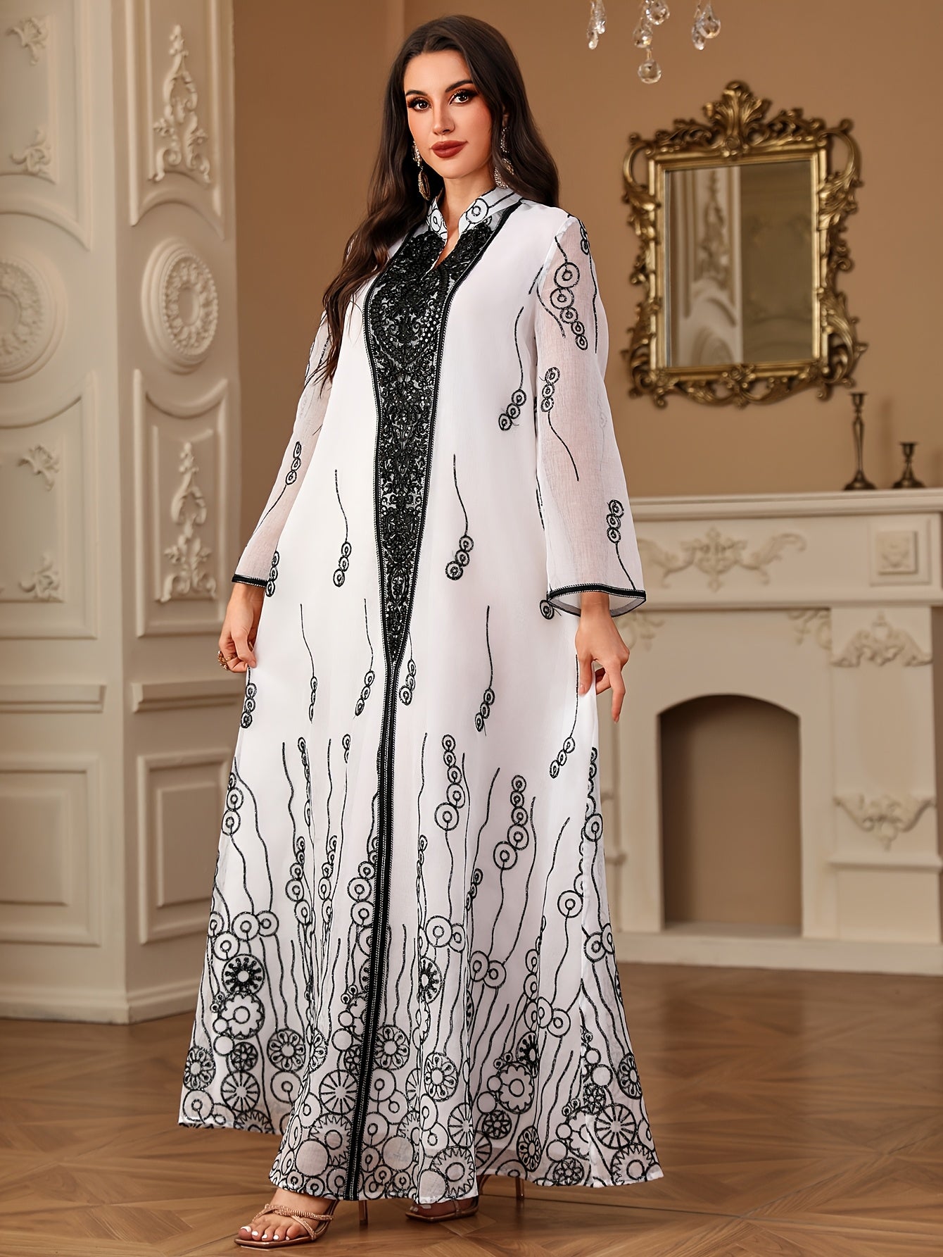 Elegant Floral Sequin Embroidered Beaded Long Sleeve Kaftan Abaya Dress, 100% Polyester, Non-Stretch Woven Fabric, Regular Fit, All Seasons, Contrast Detail, 120Gsm
