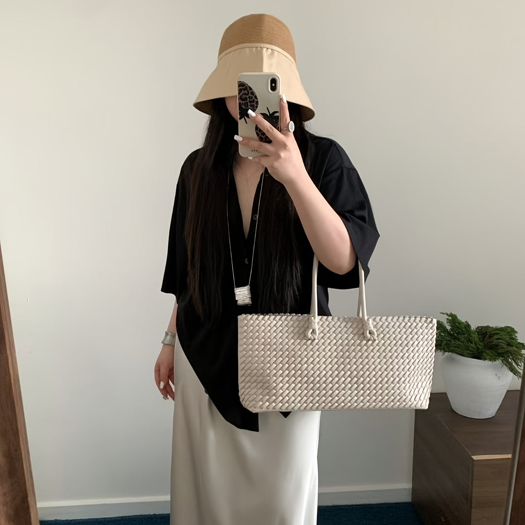 Women's Dual-Sided Woven Large-Capacity Tote Bag - Vegetable Basket Design Handbag with Top Handles & Detachable Shoulder Strap
