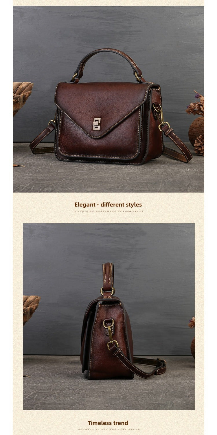 Women's Genuine Leather Retro Messenger Bag - Adjustable Crossbody & Shoulder Strap, Snap Closure, Durable Oil-Edged Trim