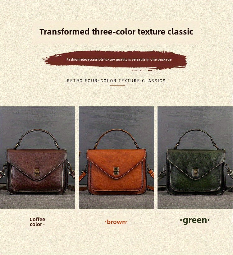 Women's Genuine Leather Retro Messenger Bag - Adjustable Crossbody & Shoulder Strap, Snap Closure, Durable Oil-Edged Trim