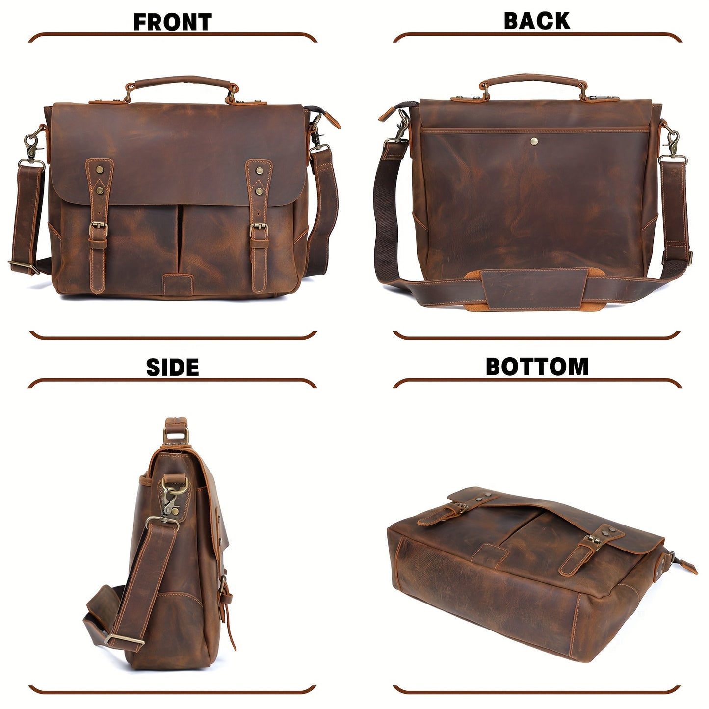 Vintage Brown Cowhide Men's Vintage Genuine Leather Messenger Bag - Adjustable Strap, Multiple Compartments, Zipper Closure, Distressed Finish, Functional Design
