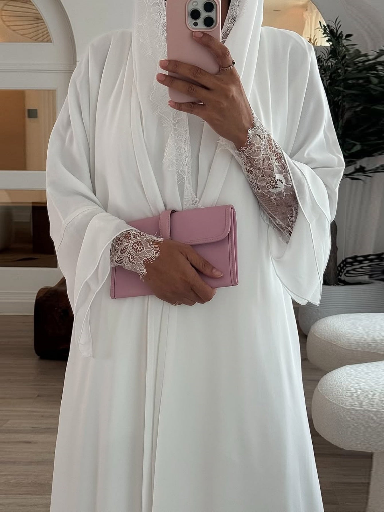 Elegant Middle Eastern Emirati Abaya Robe for Women - Long Sleeve Chiffon & Lace Trim, Solid Color, Non-Stretch Fabric, Spring/Summer Traditional Muslim Dress with Matching Headscarf