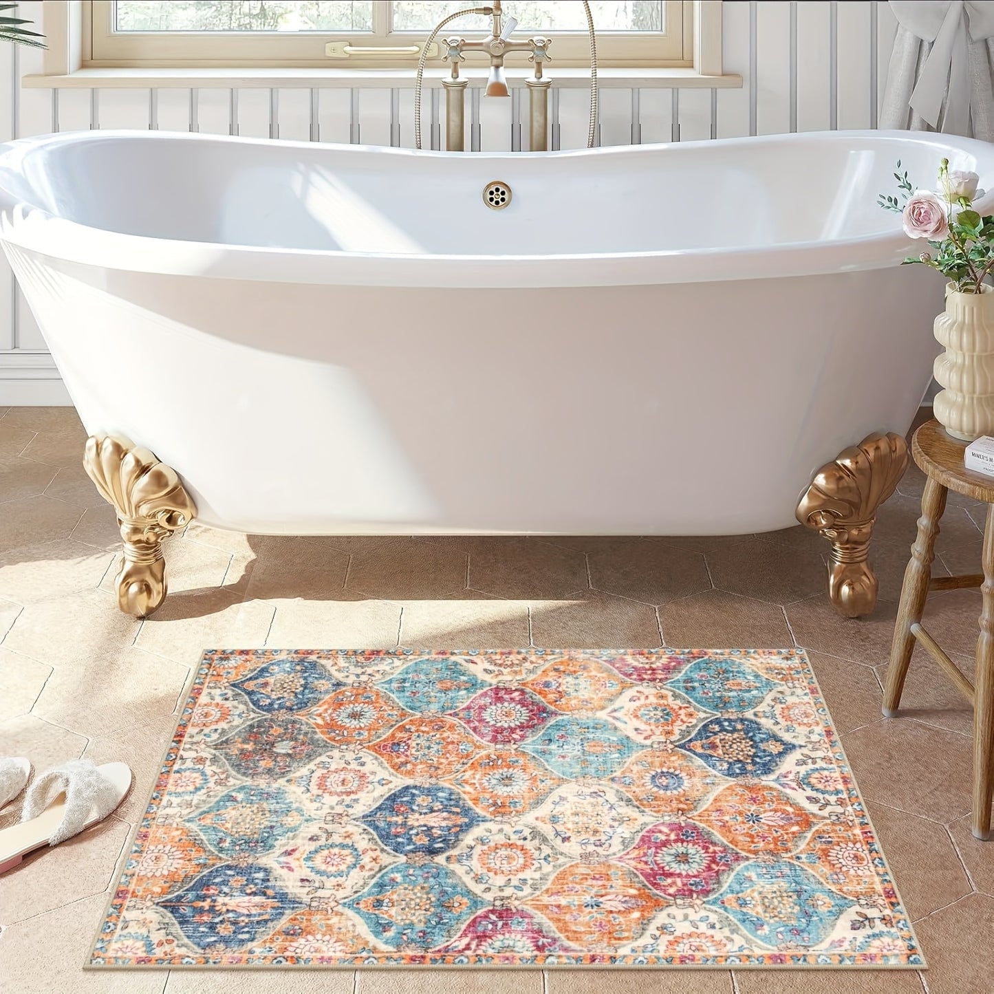 Quick-Dry Non-Slip Vintage Floral Carpet, Rugs - Machine Washable Ultra-Thin 100% Polyester Indoor/Outdoor Entryway Mat for Bathroom, Kitchen, Bedroom - Distressed Home Decor with Vibrant Colors, Kitchen Floor Mat, Decorative Door