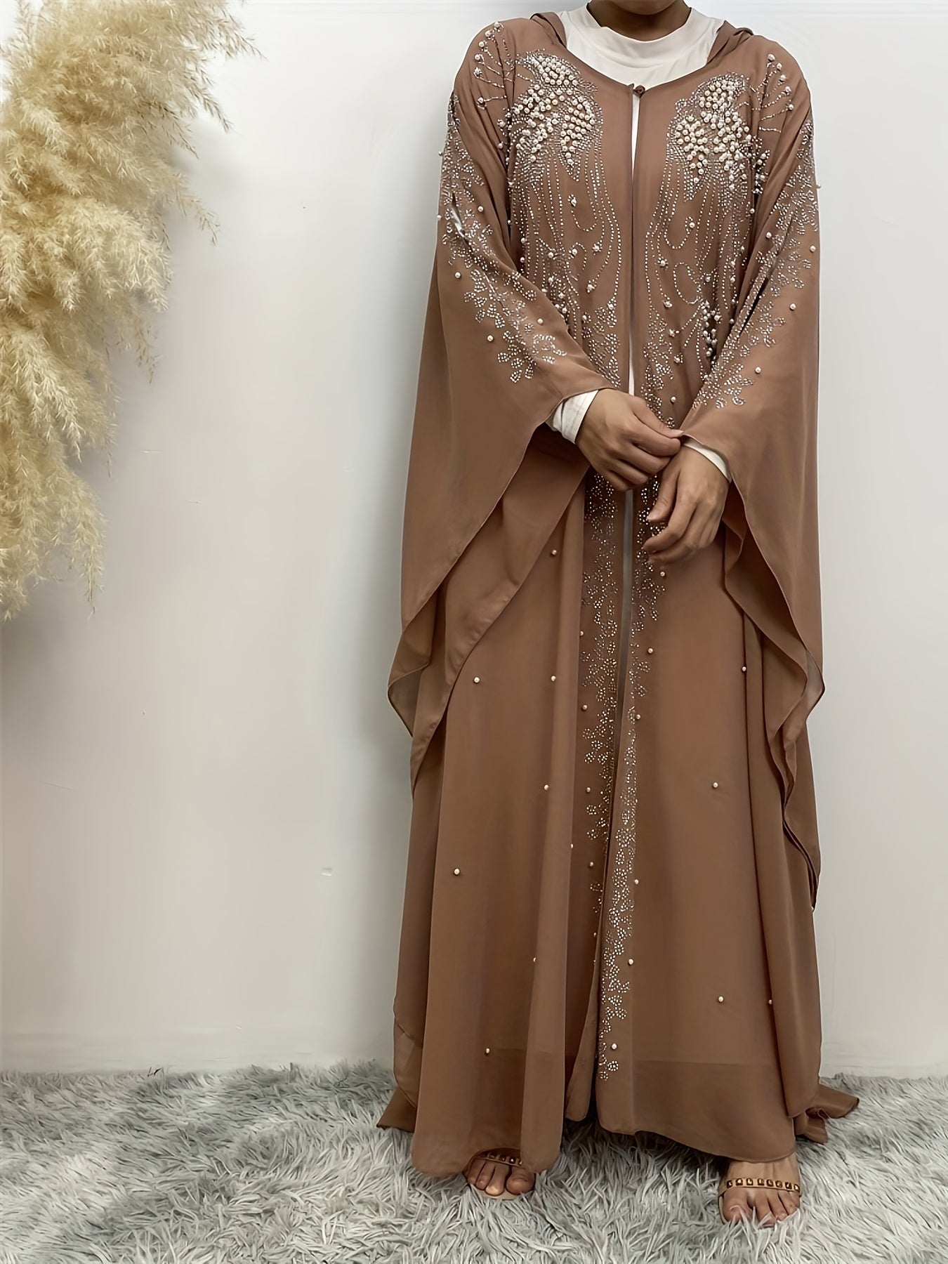 Luxury Chiffon Rhinestone-Embellished Hooded Muslim Kimono Abaya with Batwing Sleeves - Long Formal Party Gown, Machine Washable Elegant Modest Evening Dress for Spring/Summer