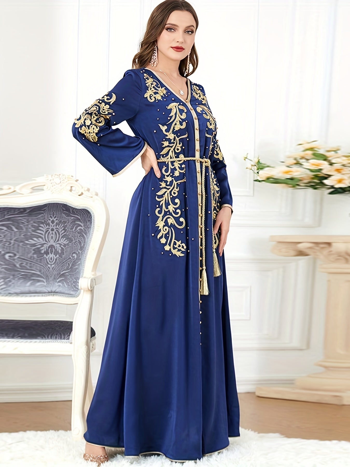 Plants Print V-neck Slit Kaftan Abaya, Long Sleeve Dress, Women's Clothing