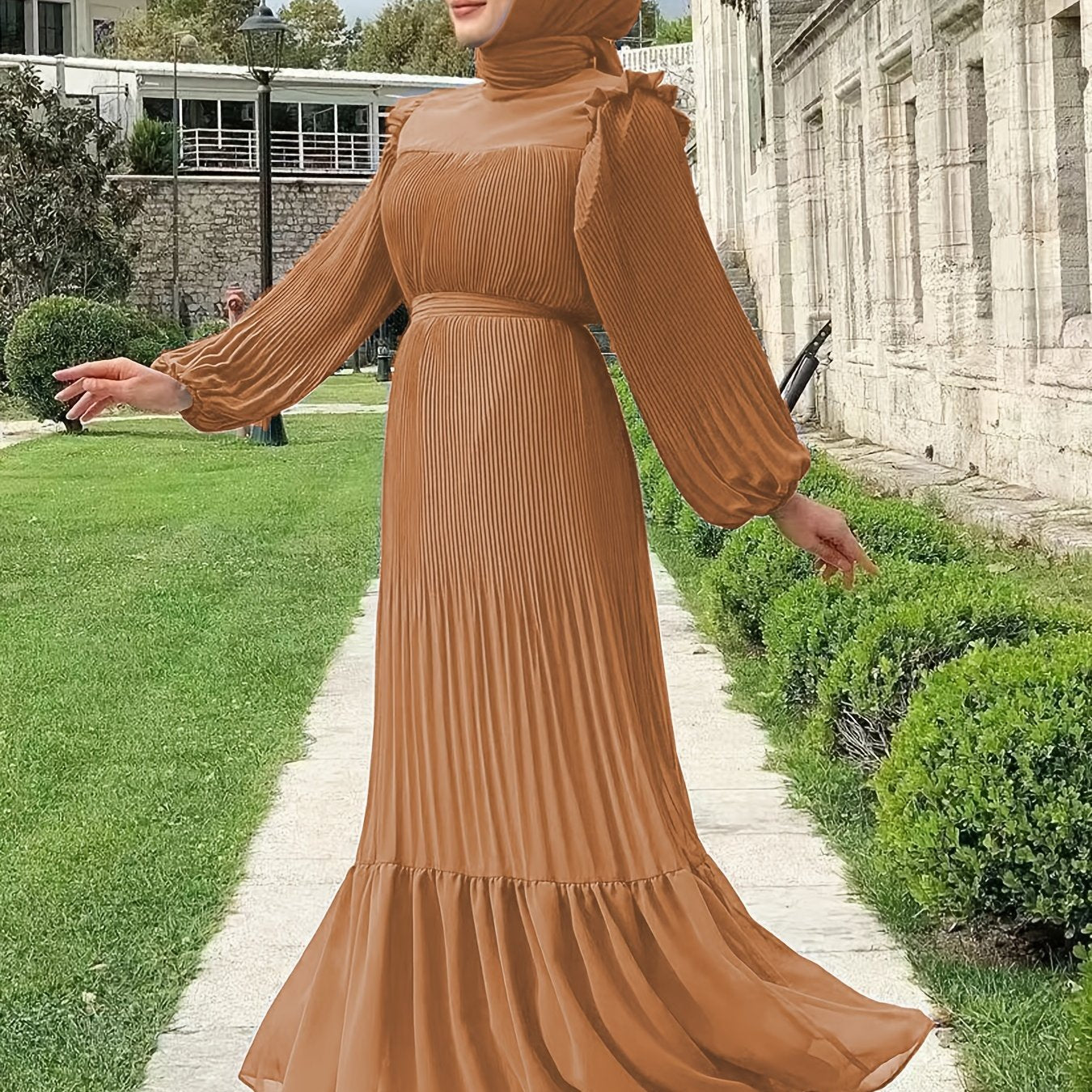 Women's Middle Eastern Muslim Baju Abaya Dress - Modest Long Sleeve Ruffled Hem Solid Color Traditional Dress with Belt, Machine Washable All-Season Casual Wear, Modest Apparel | Soft Texture