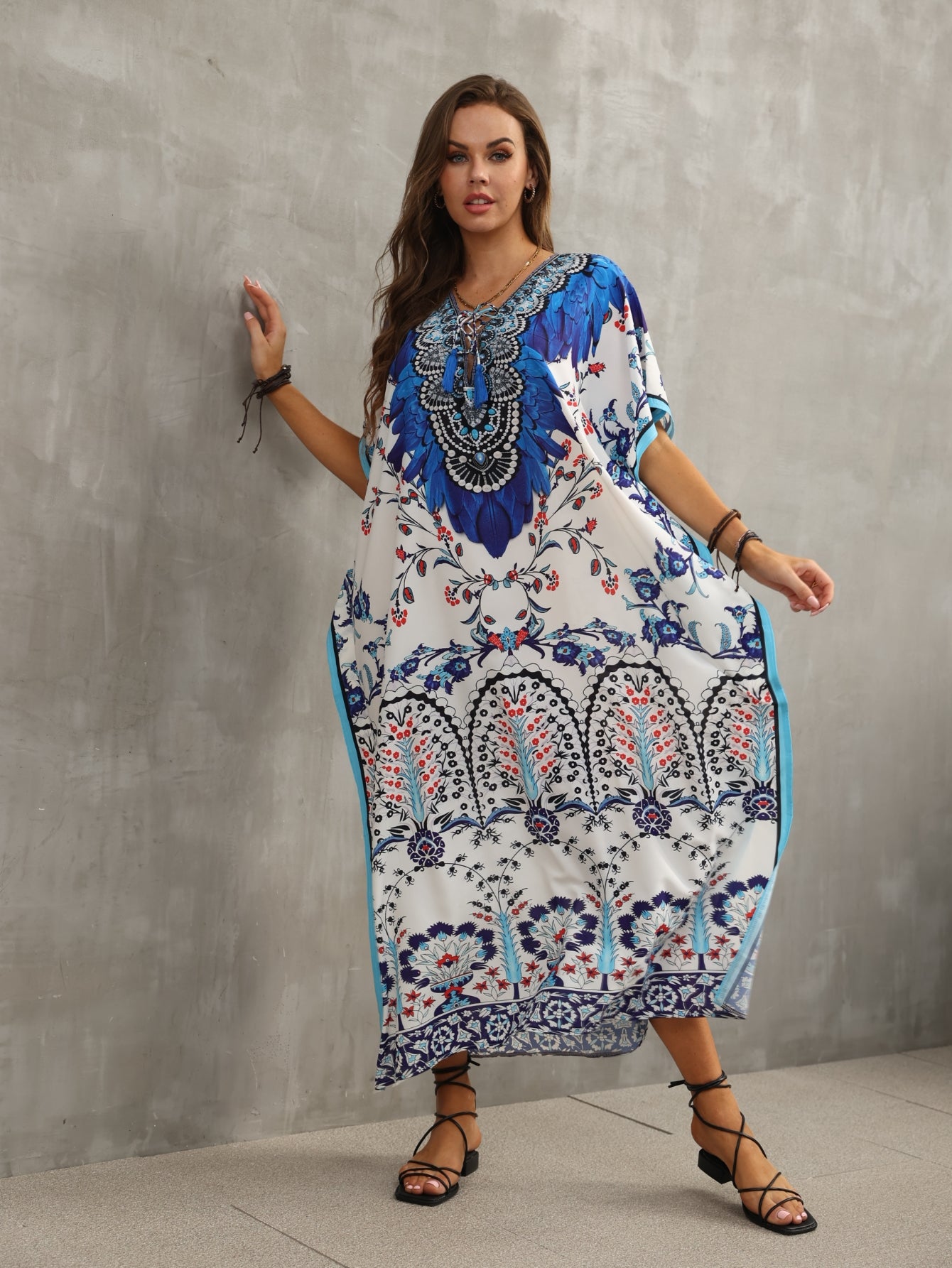 Women'S Kaftan Dresses Flower Print Beach Cover Up Vacation Robe V-neck Side Slit Casual Home Vacation Beach Swimsuit Cover Up Loose Long Dress