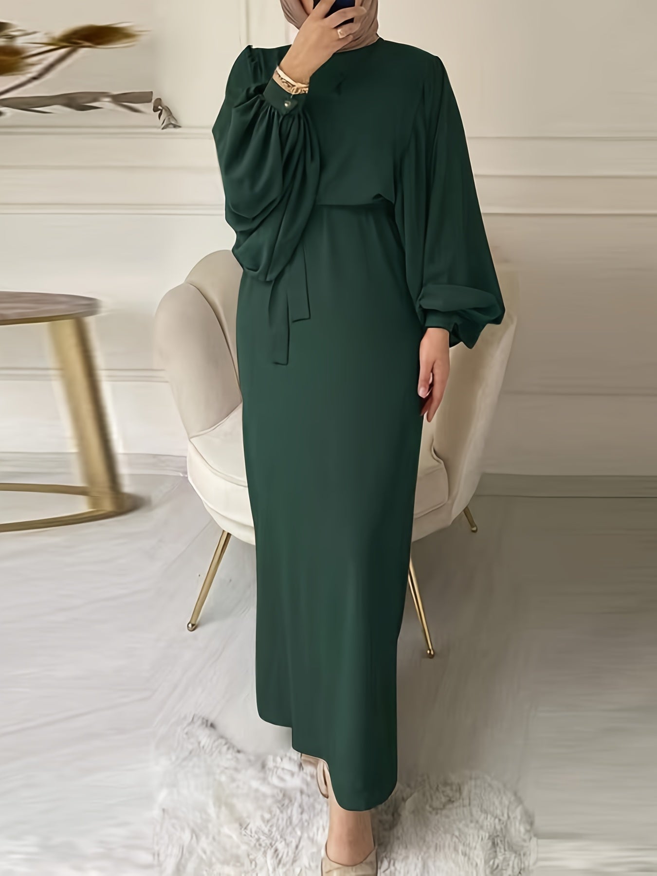 Elegant Women's Long Dress in Solid Color with Lantern Sleeves and Round Neckline