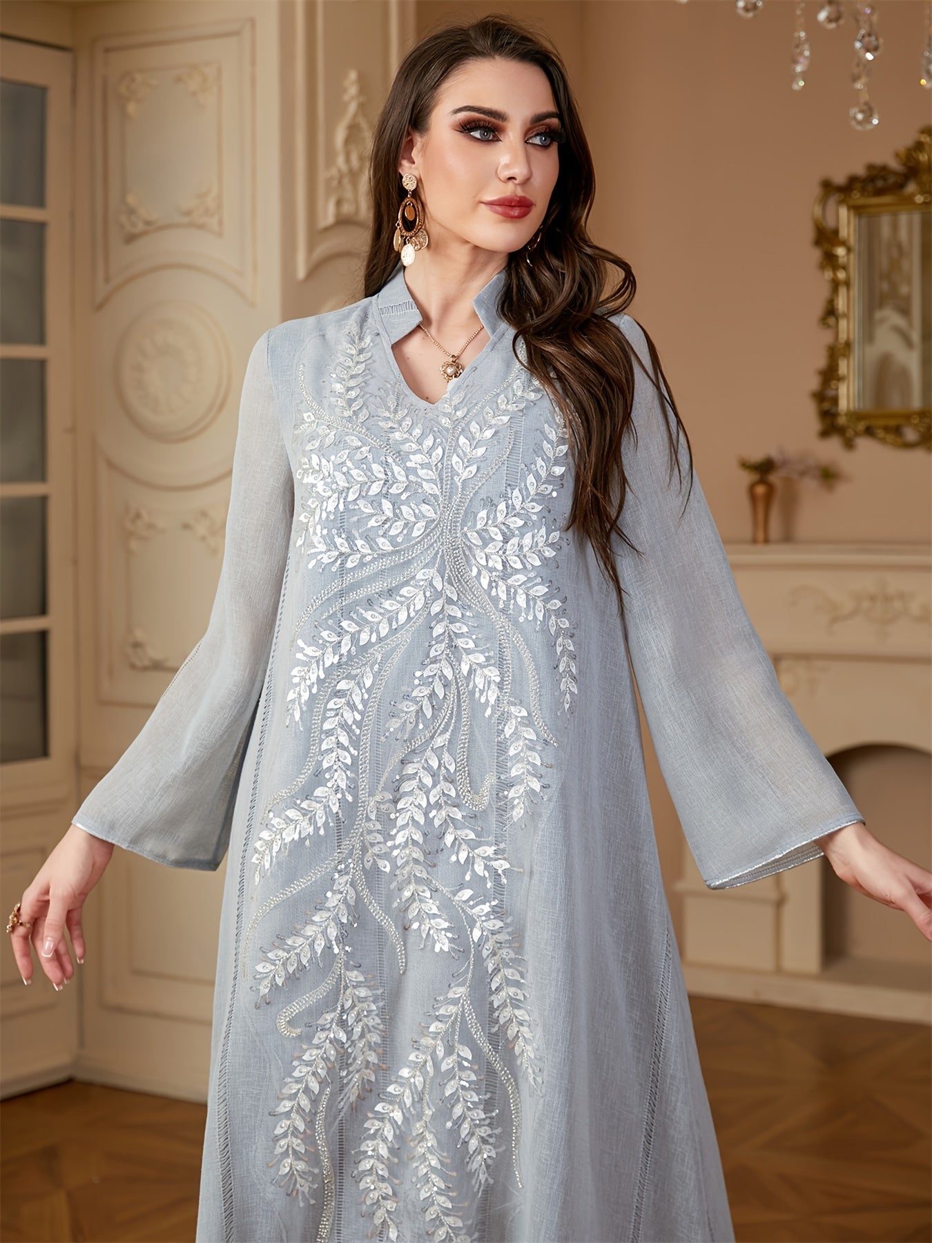 Ramadan Muslim Women's Fashion Beading Emirati Abaya Dubai Notched Stand Collar Dresses Mesh Sleeve Kebaya Casual Loose Clothing