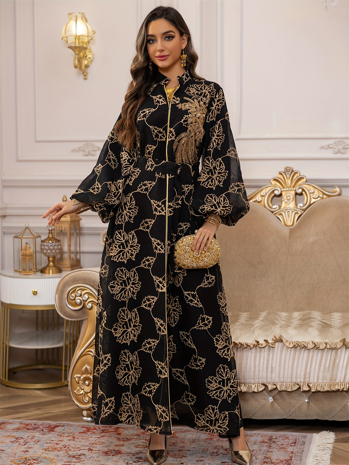 Dubai Floral Embroidery Belted Dress Belt included Lantern Sleeve Maxi Abaya Luxury Woman Evening Dresses Modern Kaftan 2025