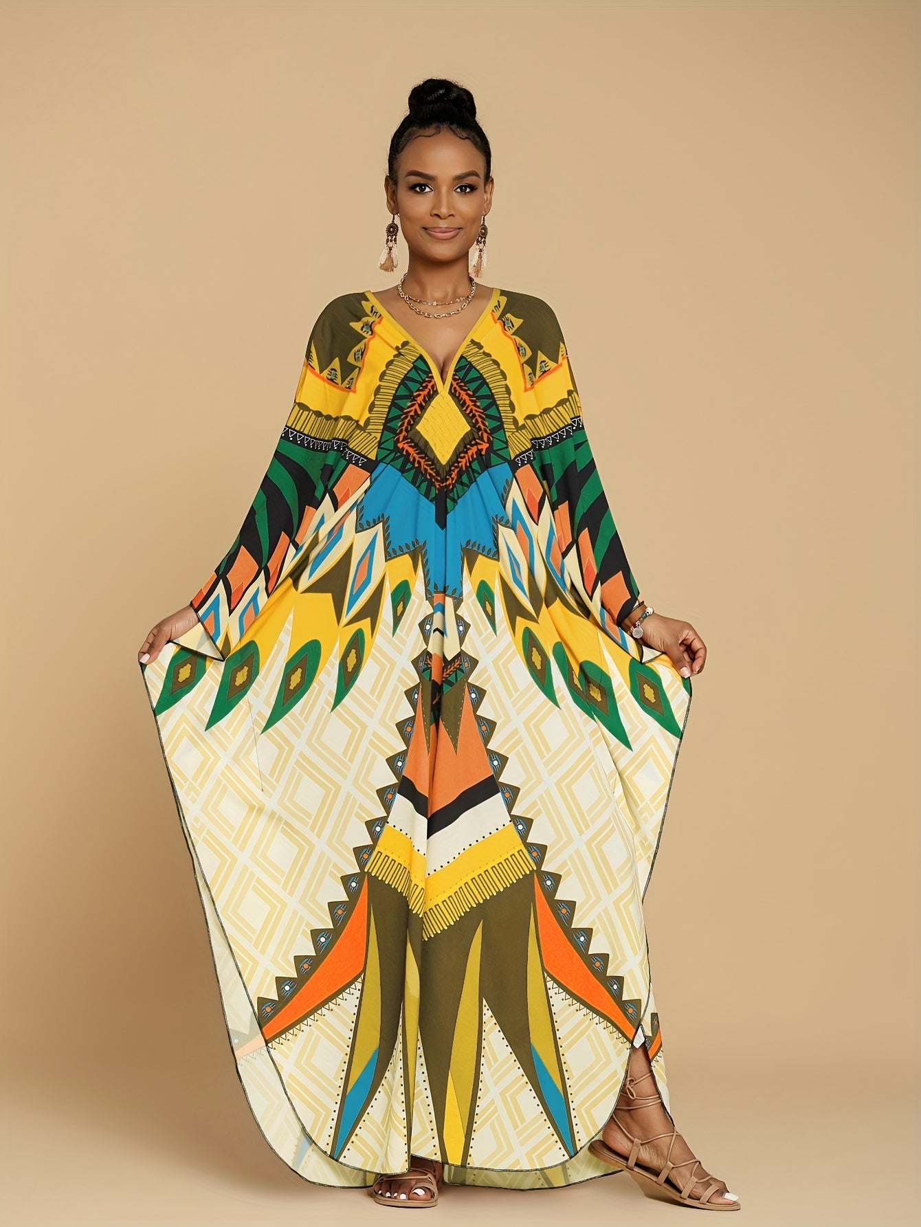 Women's Kaftan Dresses Geometric Patterns Floral Prints Beach Cover Up Chest Casual Home Vacation Ethnic Kaftan Robe Cover Up Batwing Sleeve Elegant Dress