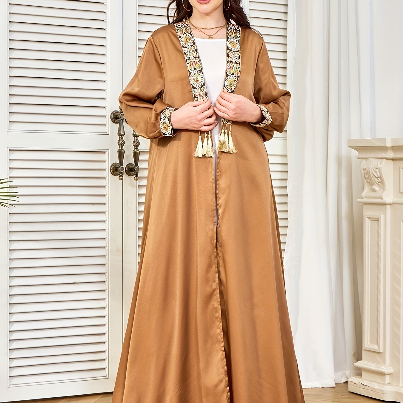 Middle East Dubai New Evening Dress Muslim Women's Open Front Tassel Pendant Abaya Two-Piece Set