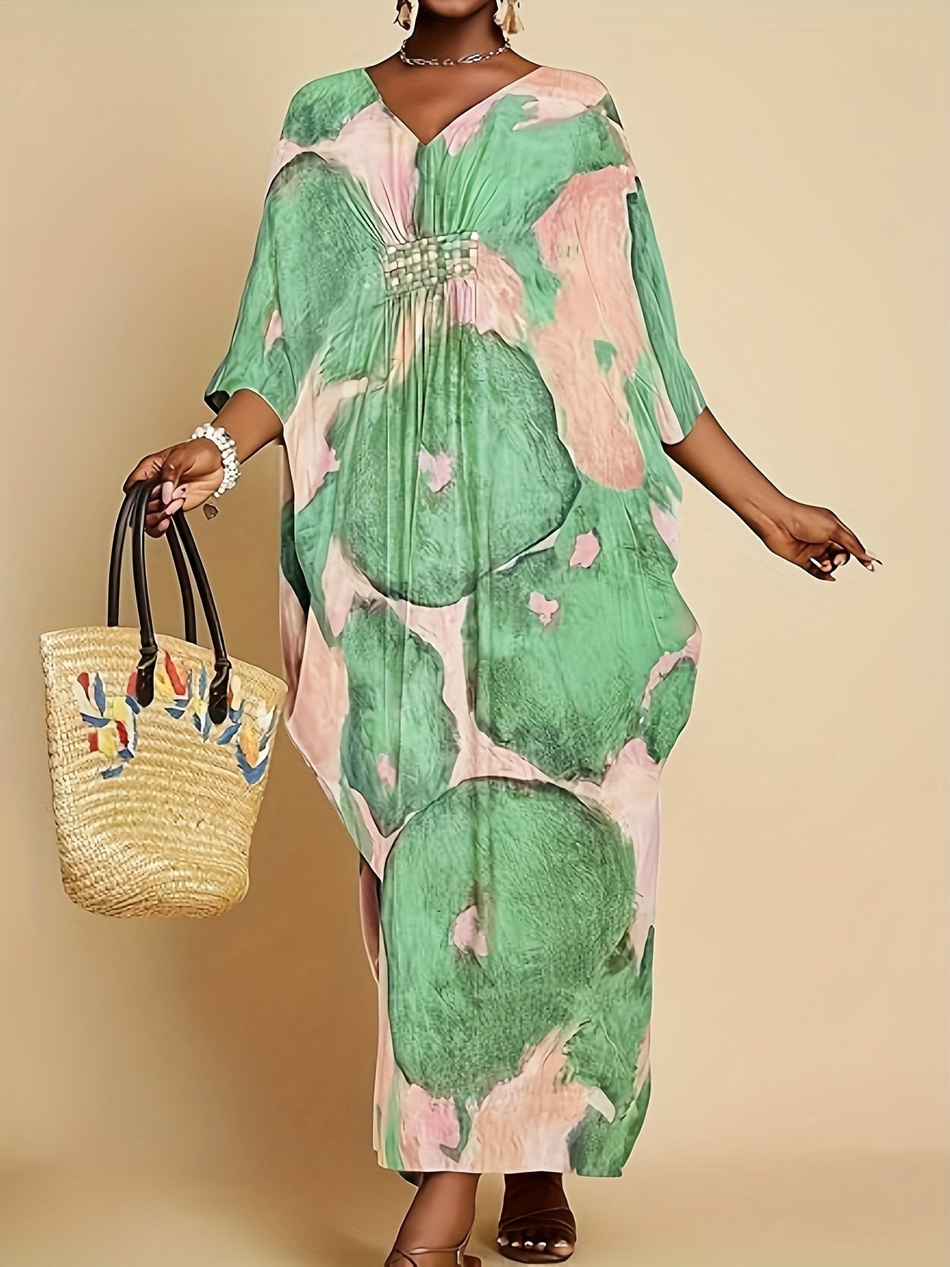 Plus Size - Plus Size Kaftan Dresses For Women V Neck Swimsuit Coverup Floral Print Kaftan Maxi Beach Dress Brown
