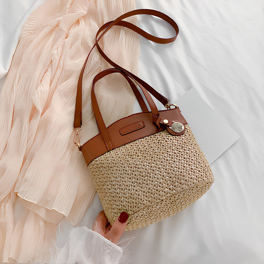 Women's Dark Brown PU Woven Leather Bucket Bag with Adjustable Crossbody Strap & Zipper Closure - Beach Casual Purse, Polyester Lining