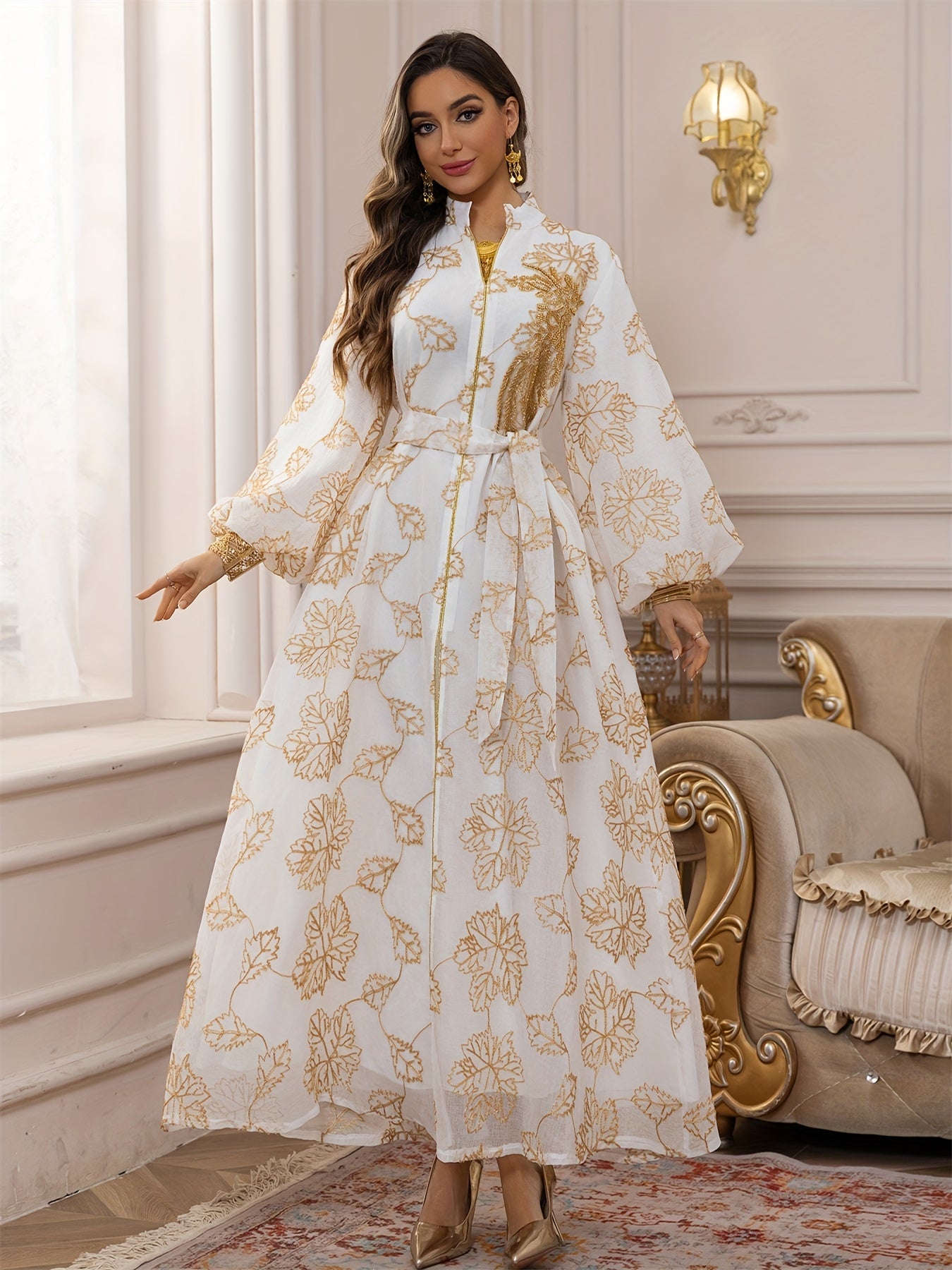 Dubai Floral Embroidery Belted Dress Belt included Lantern Sleeve Maxi Abaya Luxury Woman Evening Dresses Modern Kaftan 2025