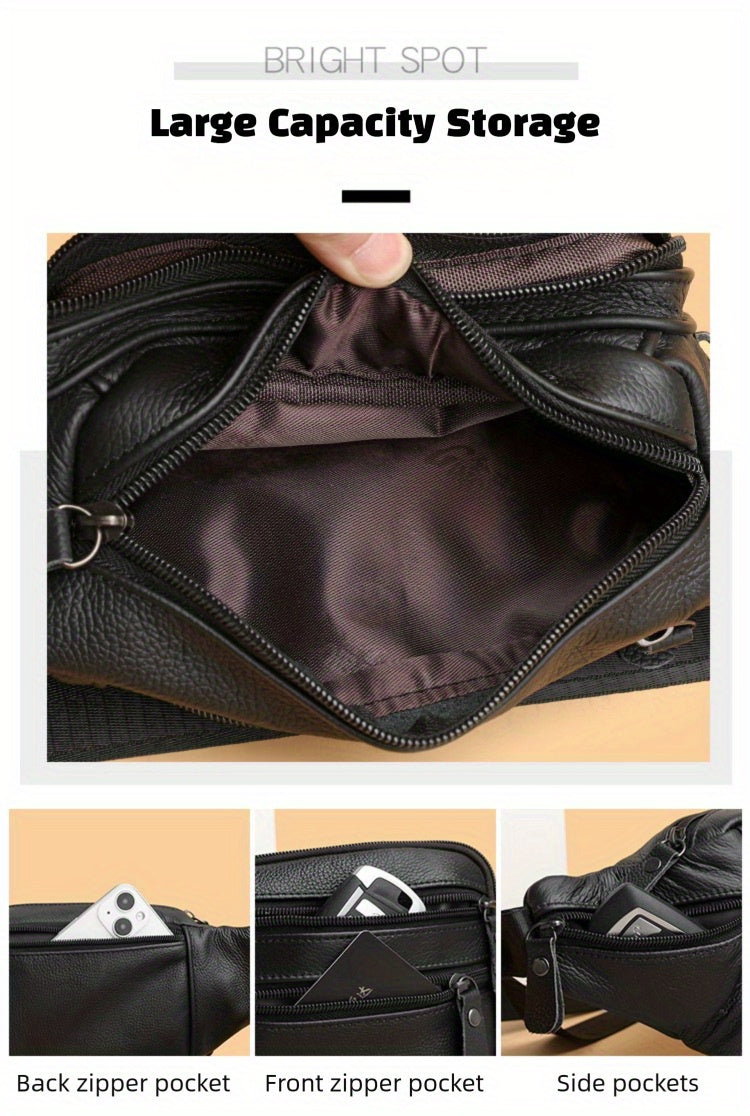Genuine Leather Men's High Quality Adjustable Sling Bag - Large Capacity Multi-Compartment Chest Pack for Sports, Running, Gym & Street Style (Black), Chest Crossbody Bag