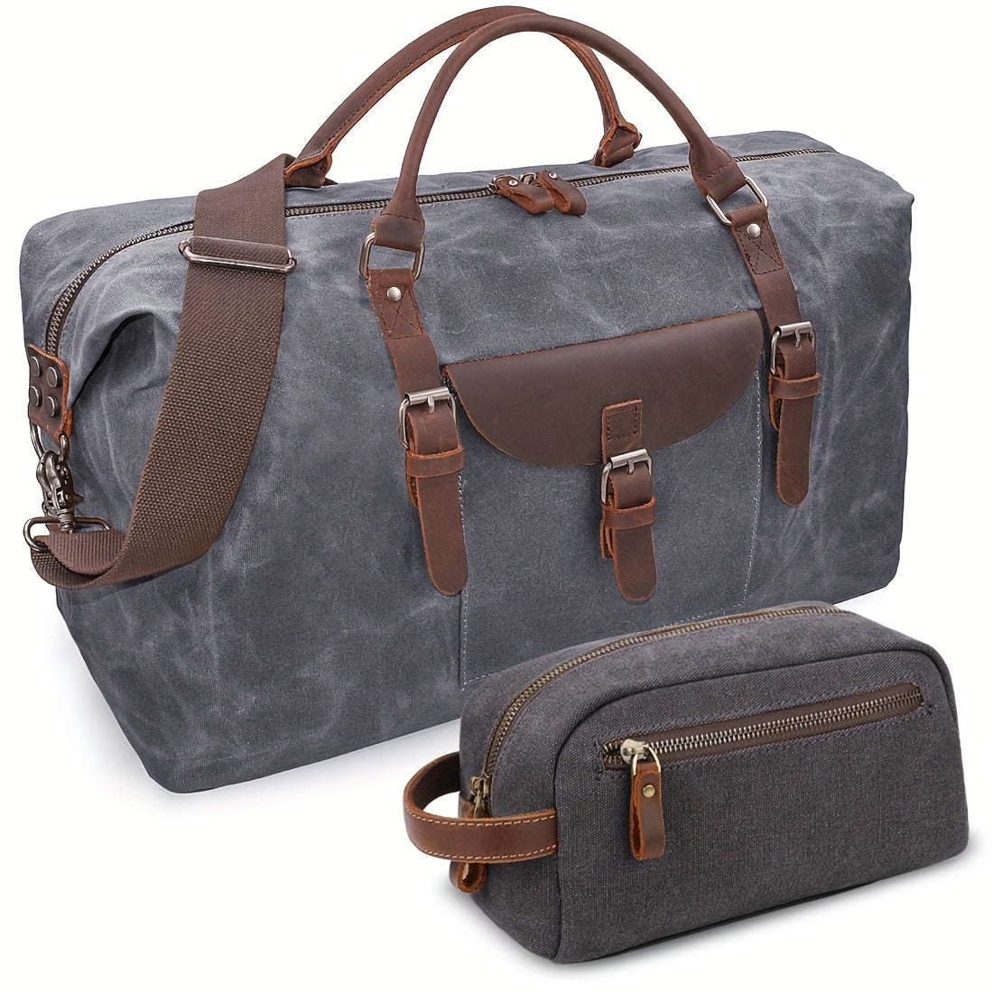 Oversized Travel Duffel Bag Canvas Weekender Leather Overnight Hand Bag With Toiletry Bag