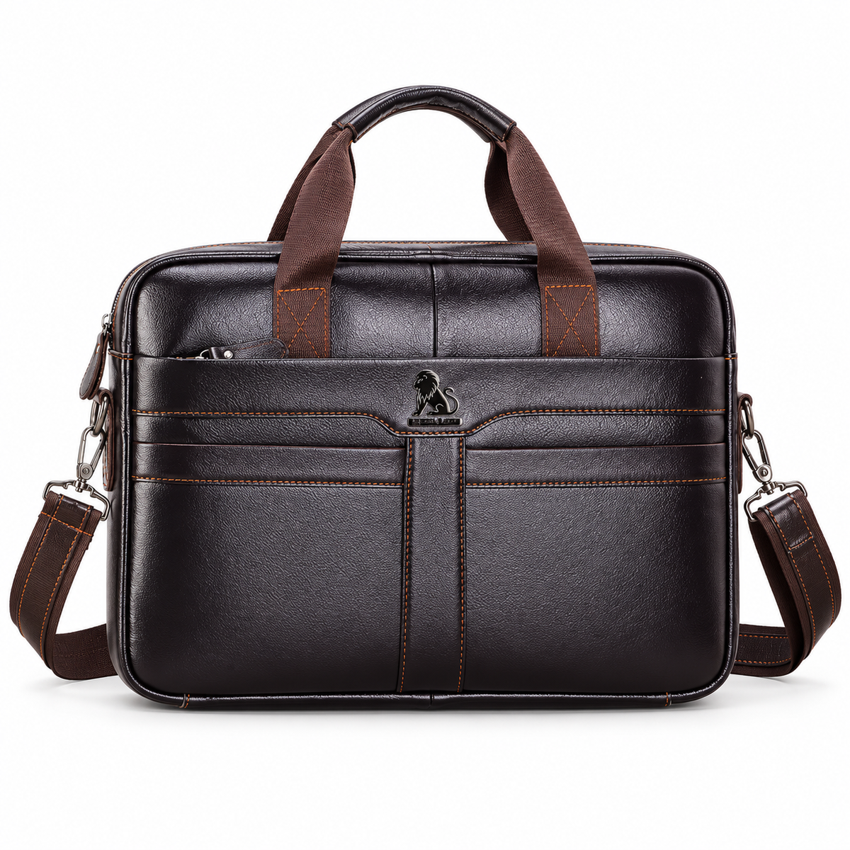 Classic Coffee Leather Briefcase With Strap