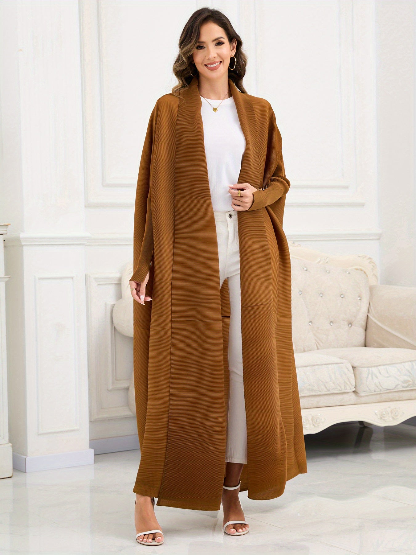 Women's Arabic Abaya with Scarf - Deep Brown Three-Way Pleated Design, Loose Fit, Long Sleeves, Belted Waist, Polyester Blend, Perfect for Muslim Prayer & Casual Wear, Muslim Clothing
