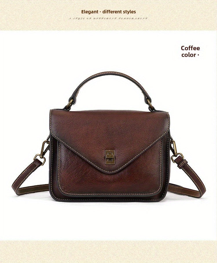Women's Genuine Leather Retro Messenger Bag - Adjustable Crossbody & Shoulder Strap, Snap Closure, Durable Oil-Edged Trim