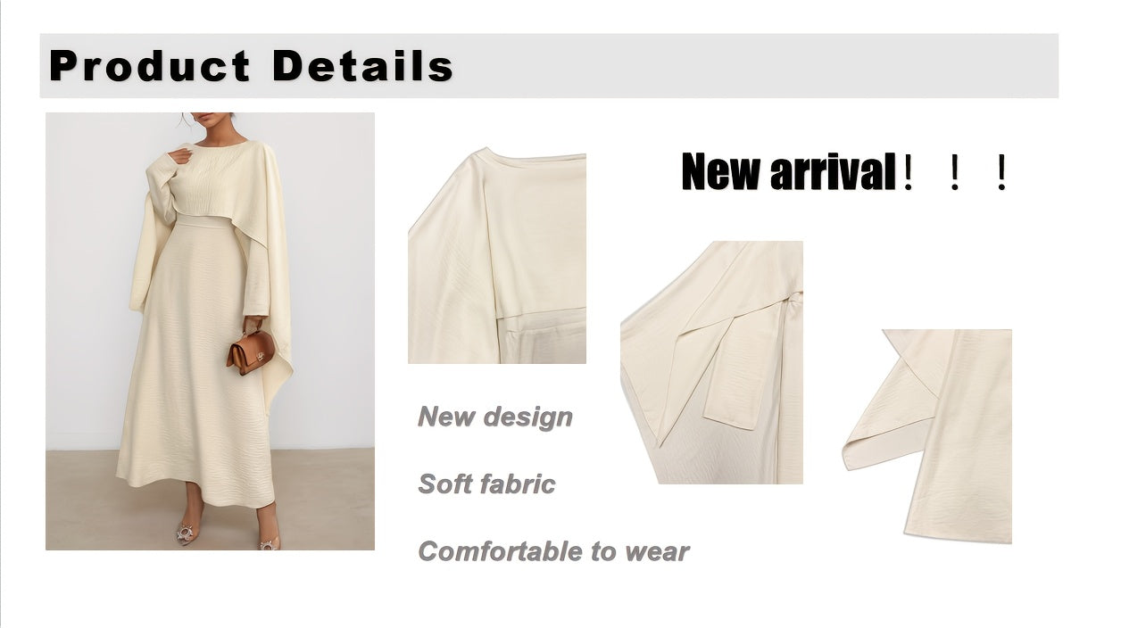 Ladies Spring And Summer New Style Solid Color Fashionable Elegant Temperament Long Sleeve Pleated Fake Two-Piece Design, Round Neck Irregular Long Women's Abaya Dress