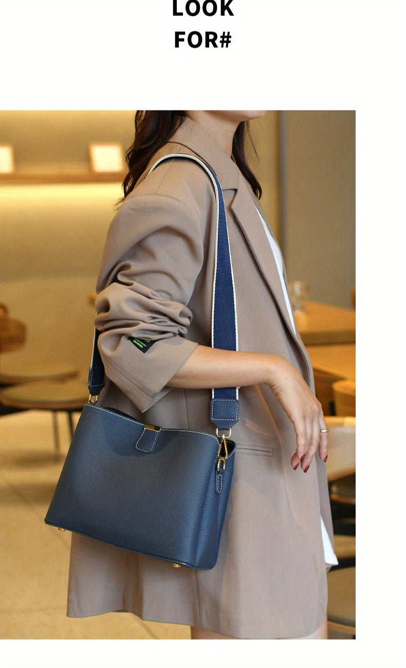 2025 New Model, High-End Grey Leather Women'S Handbag, Cowhide Large Capacity Bucket Bag, Versatile Commuting Shoulder Crossbody Bag, Lightweight And Fashionable Daily Bag