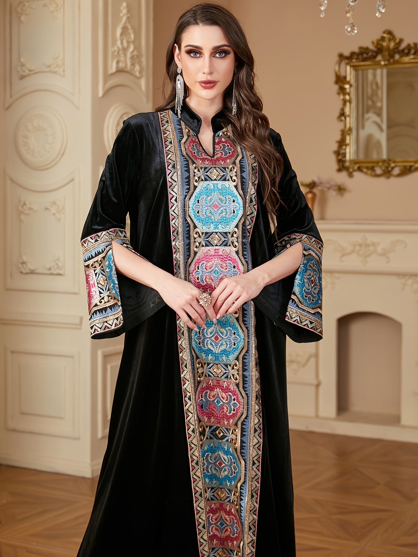 Women's Middle Eastern-Inspired V-Neck Long Sleeve A-Line kaftan Abaya - Burgundy with Multicolor Embroidery, Loose Fit Floor-Length Traditional Elegance for Autumn/Winter, Machine Washable