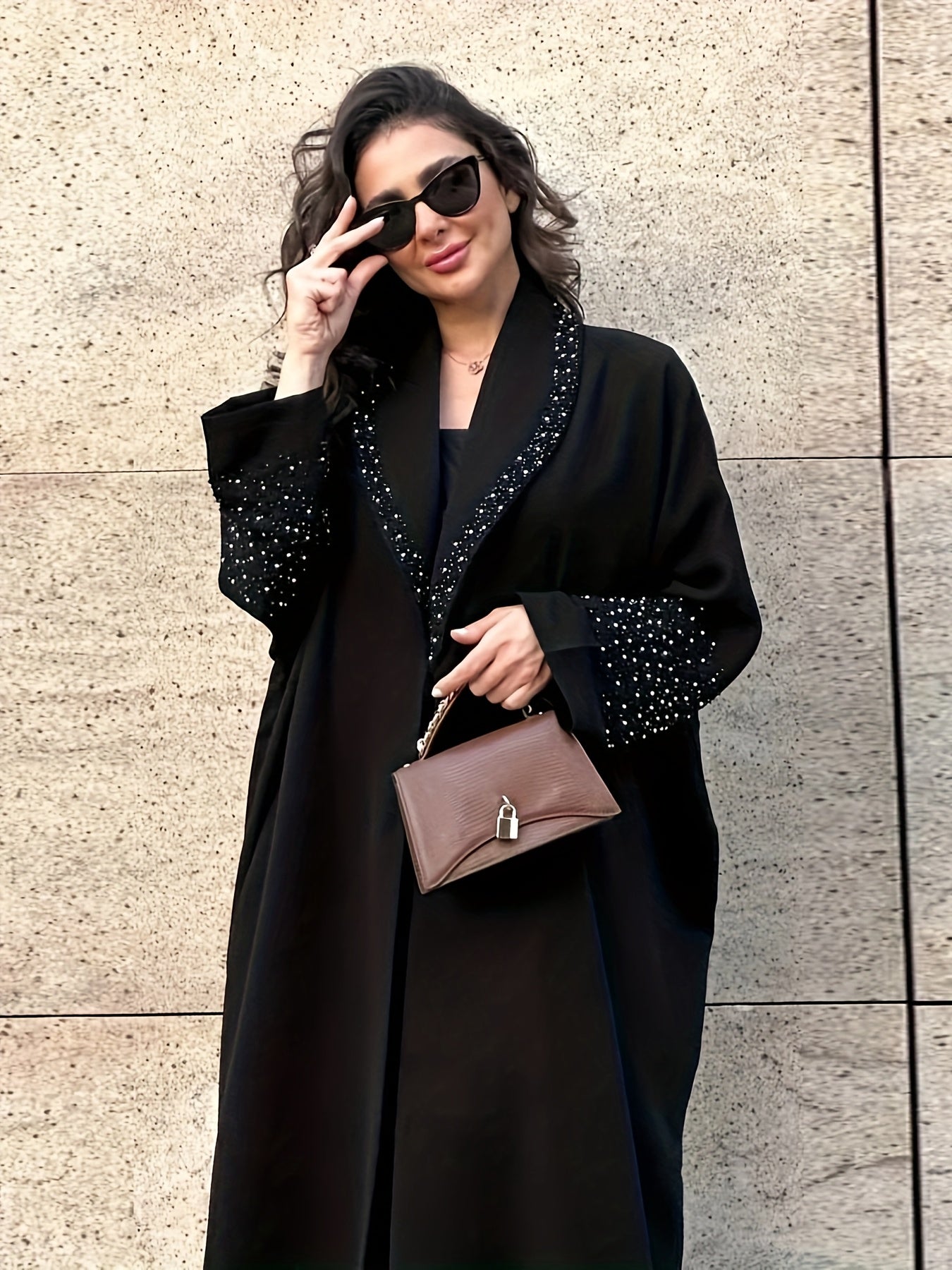 Elegant Black Rhinestone-Embellished Emirati Abaya Kaftan - A-Line Modest Cover-Up with Stand-Up Collar, All-Season Versatile Traditional Muslim Dress for Women, Muslim Clothes, Seasonal Wear