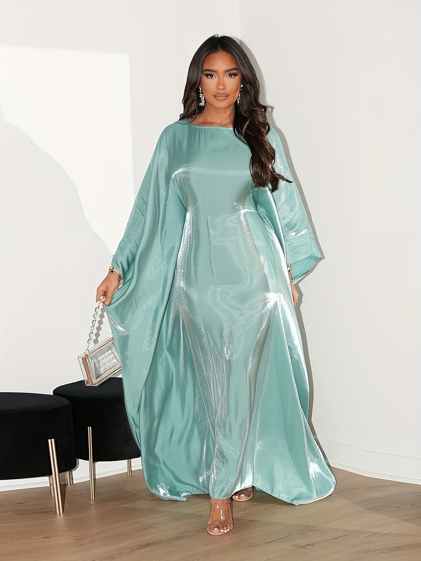 Women's Modest Arabic Abaya Robe Dress - Long Sleeve Asymmetrical Hem Shiny Fabric Cover-Up, Machine Washable All-Season Versatile for Parties Daily Outings, Solid Color Traditional Attire