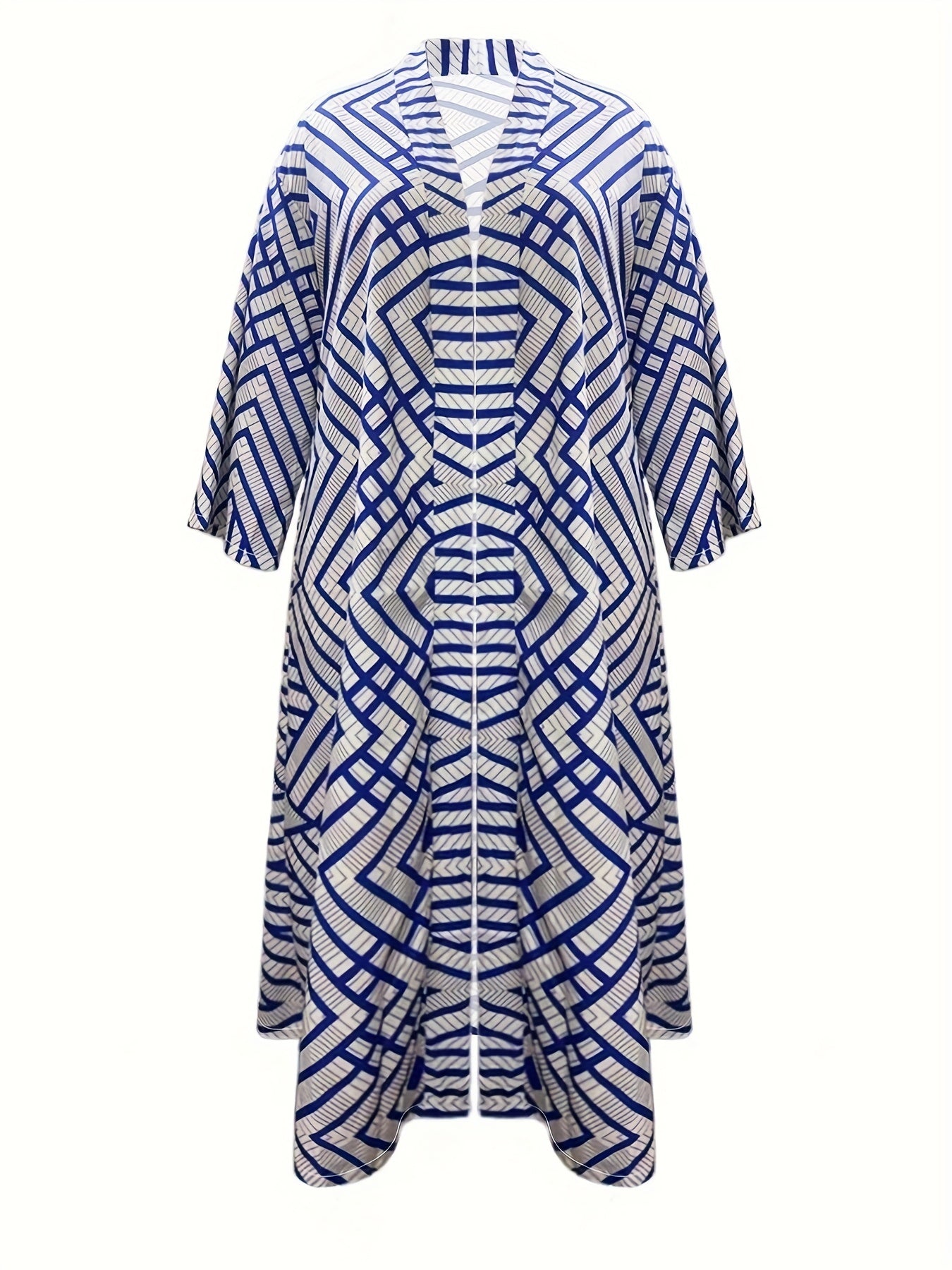 Chic Plus Size Open Front Kimono Abaya Cardigan - Casual & Versatile, Machine Washable, Polyester Blend with Elastane, Elegant Print Design